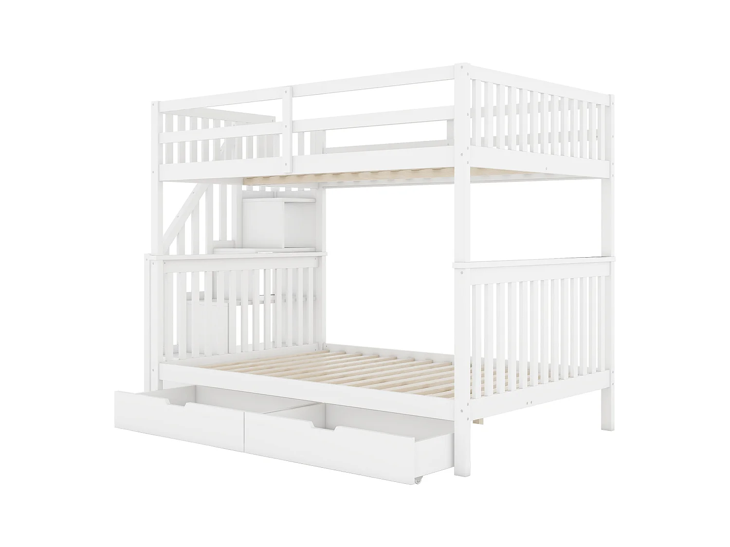 Lit superposé 140x200 cm, avec étagère d’escalier, 2 tiroirs, garde-corps élevé, certifié EN747-1, blanc (240x147x160.5 cm)