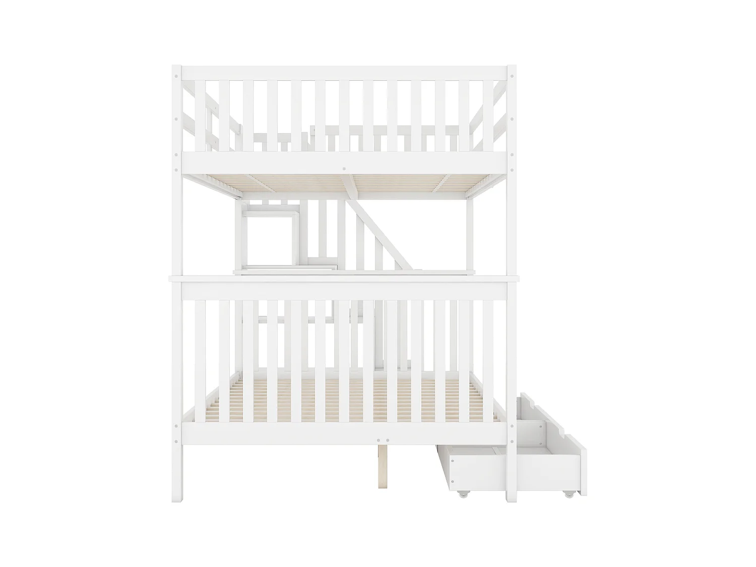 Lit superposé 140x200 cm, avec étagère d’escalier, 2 tiroirs, garde-corps élevé, certifié EN747-1, blanc (240x147x160.5 cm)