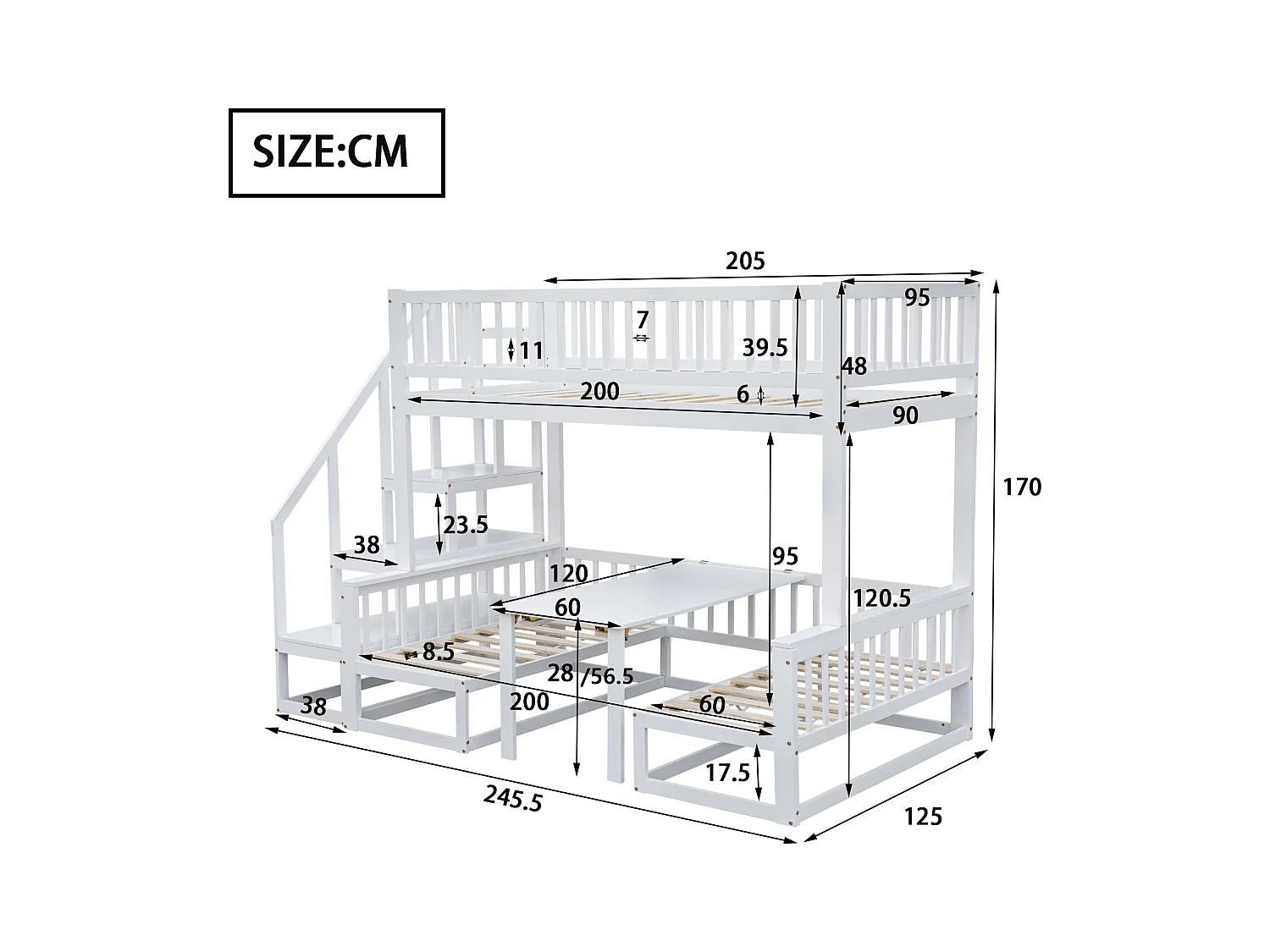Litera con escalera, sofá de madera y mesa regulable, estructura de pino, color blanco (245,5x125x170 cm)
