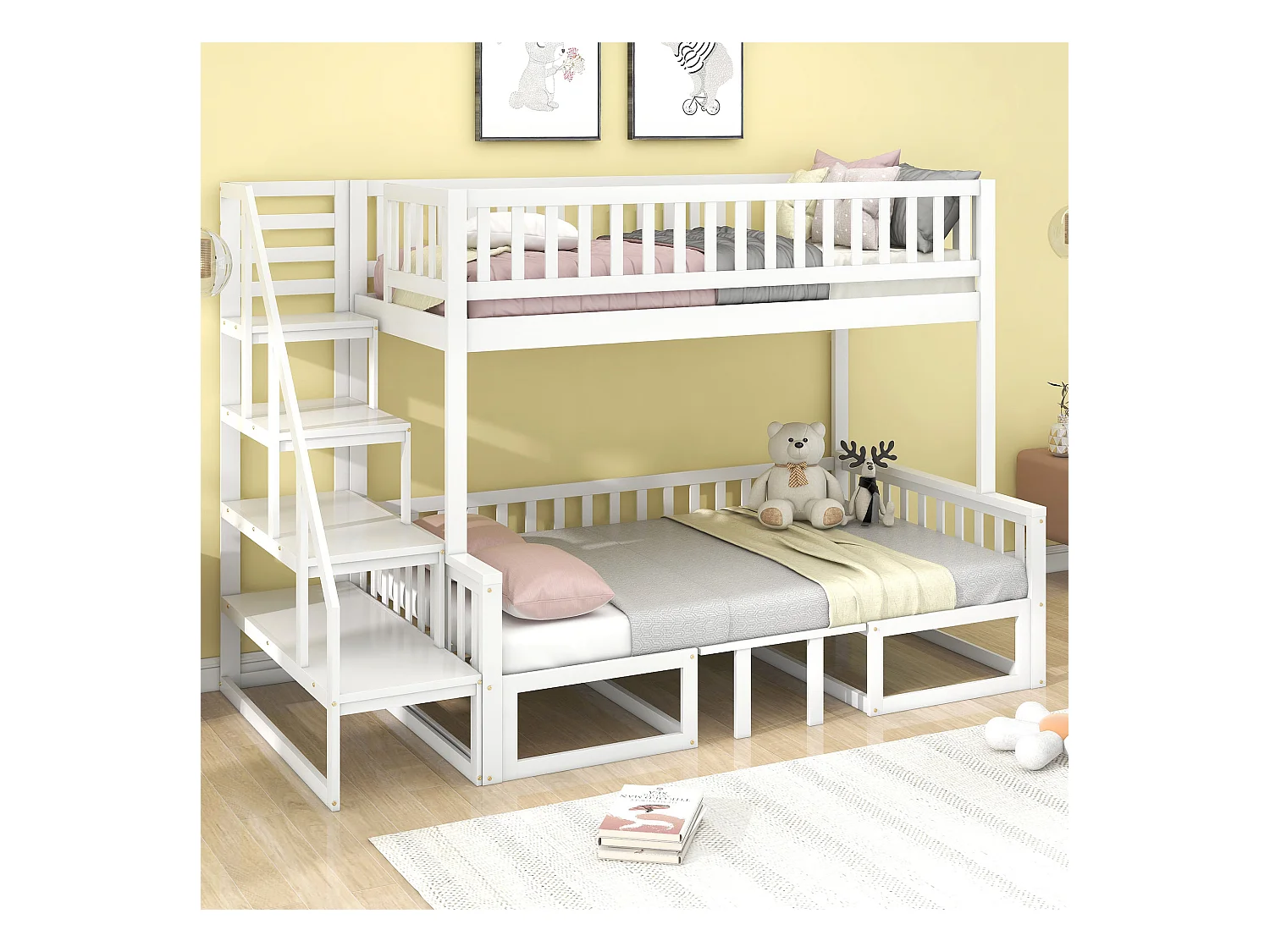 Litera con escalera, sofá de madera y mesa regulable, estructura de pino, color blanco (245,5x125x170 cm)