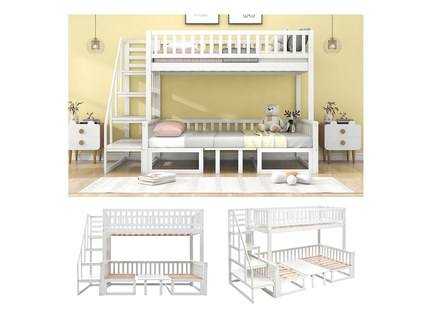 Litera con escalera, sofá de madera y mesa regulable, estructura de pino, color blanco (245,5x125x170 cm)