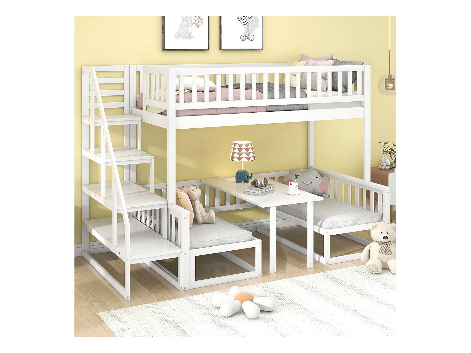 Litera con escalera, sofá de madera y mesa regulable, estructura de pino, color blanco (245,5x125x170 cm)