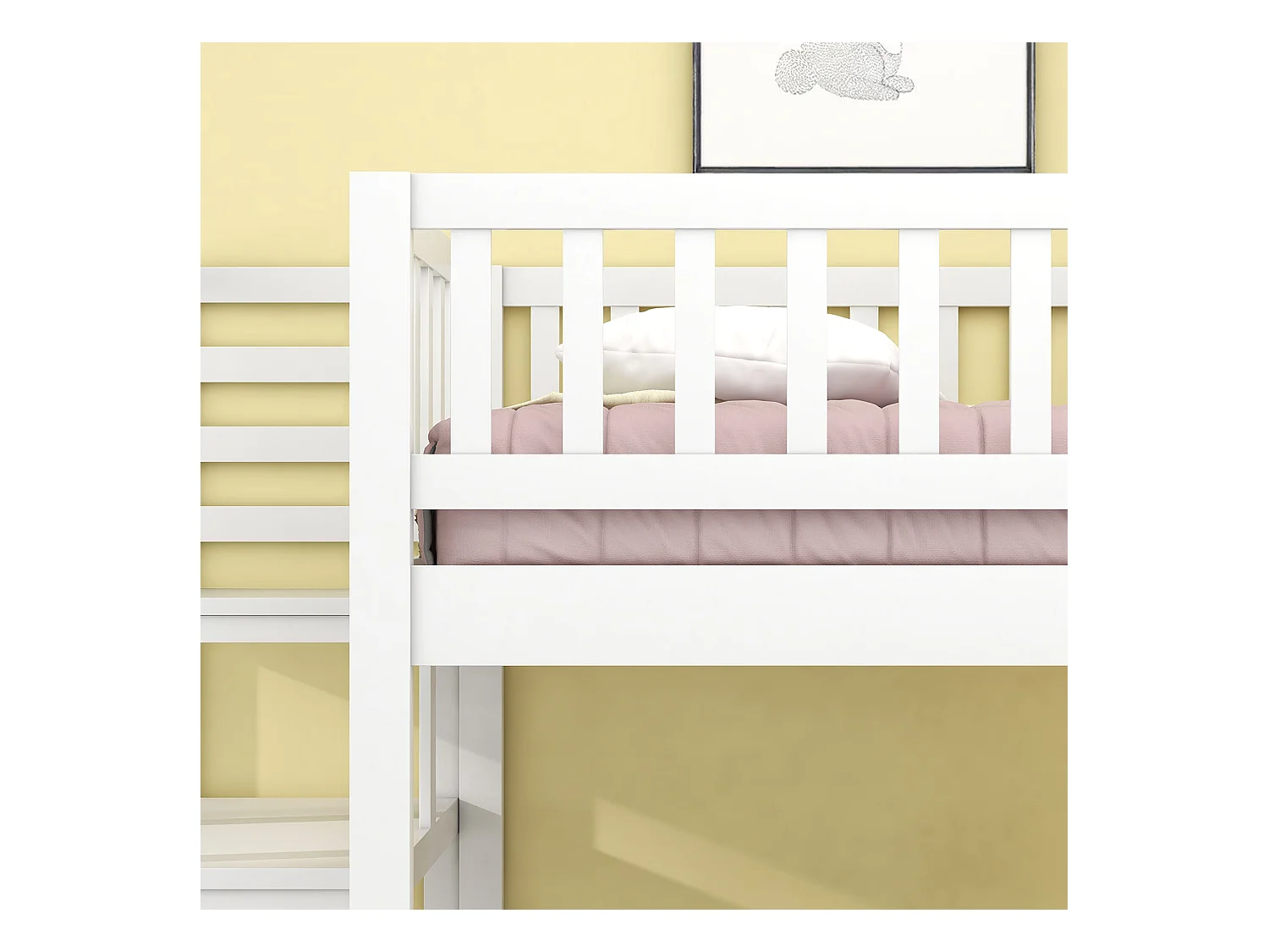 Litera con escalera, sofá de madera y mesa regulable, estructura de pino, color blanco (245,5x125x170 cm)