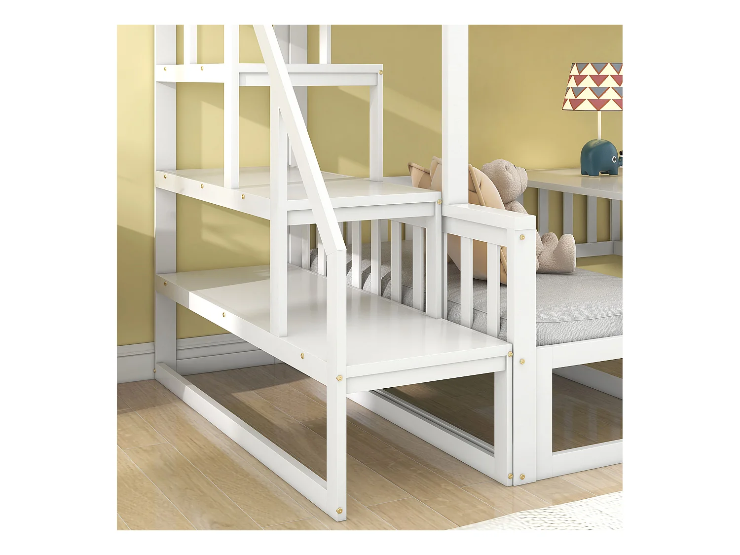 Litera con escalera, sofá de madera y mesa regulable, estructura de pino, color blanco (245,5x125x170 cm)