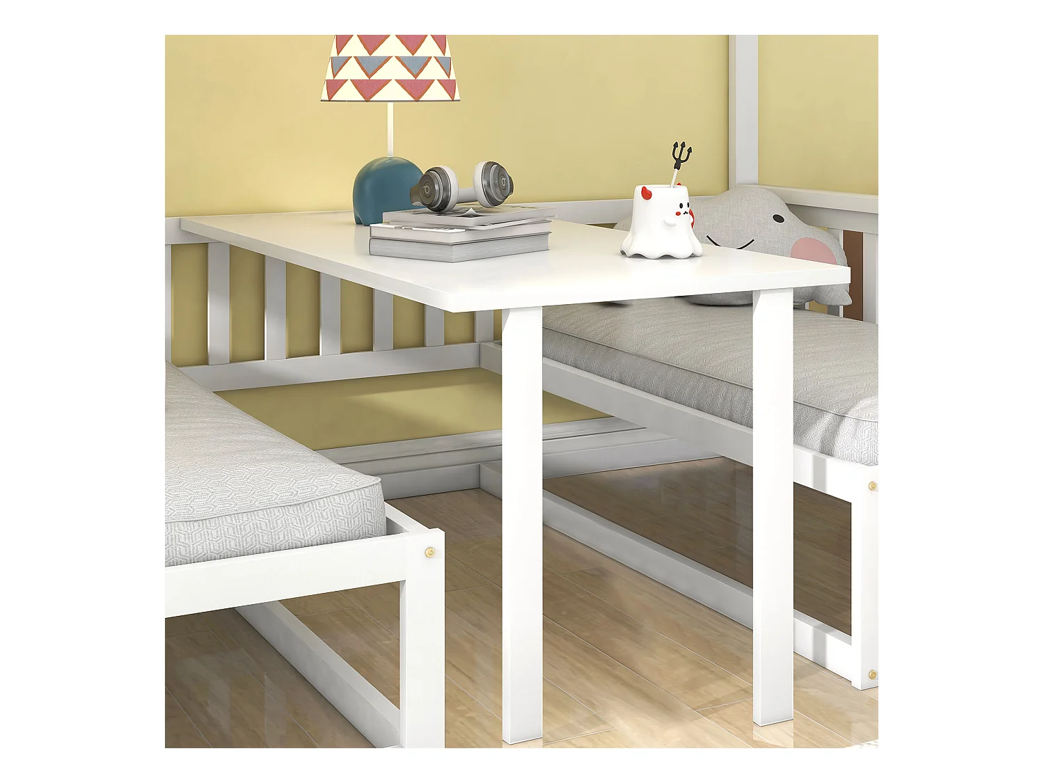 Litera con escalera, sofá de madera y mesa regulable, estructura de pino, color blanco (245,5x125x170 cm)