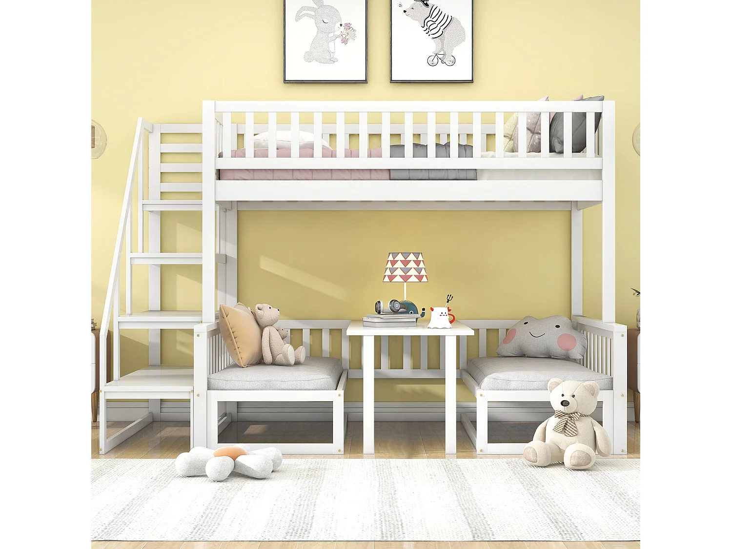 Lit superposé avec échelle, canapé en bois et table ajustable, cadre en pin, blanc (245.5x125x170 cm)