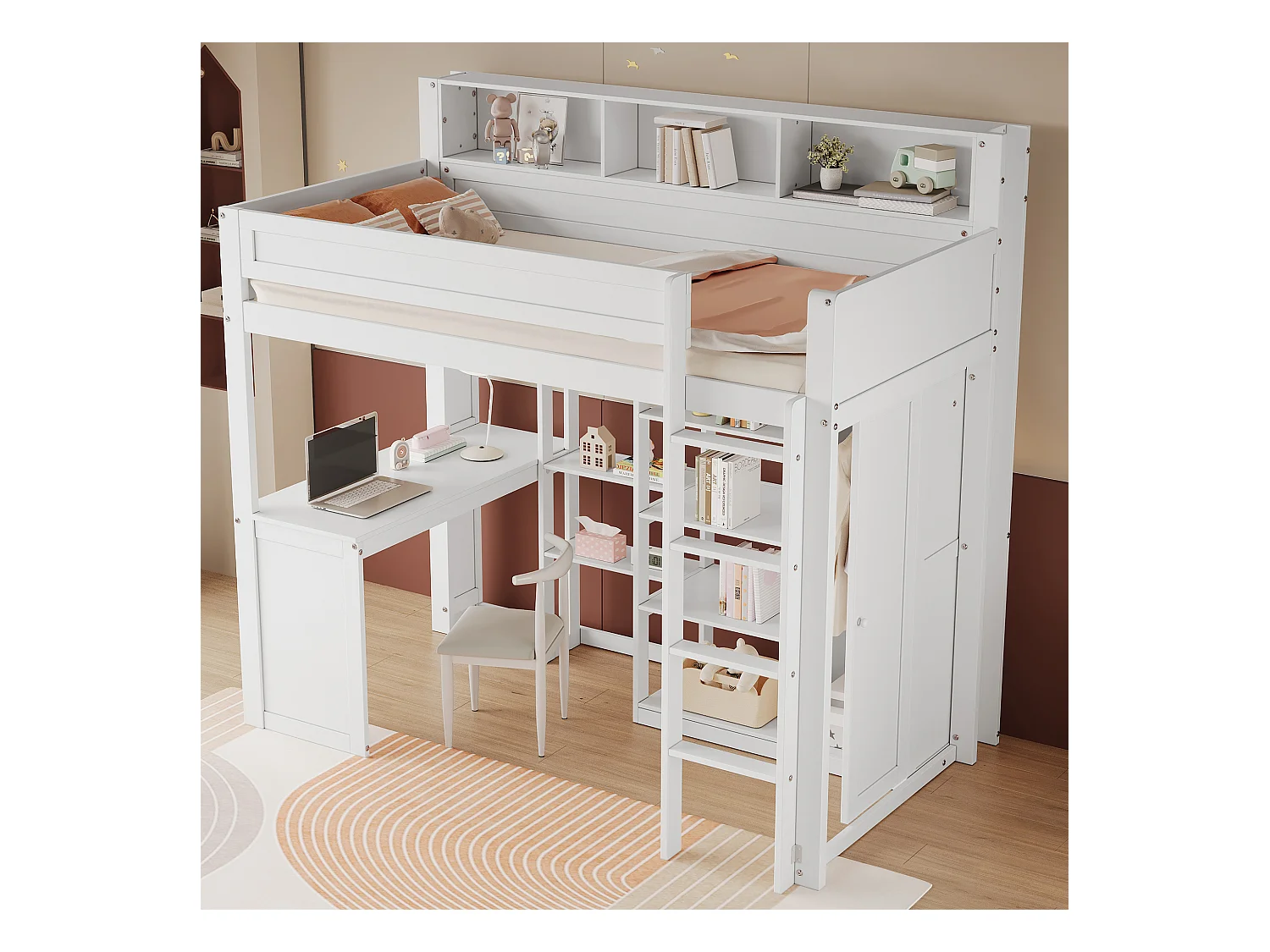 Lit superposé avec table et armoire, avec barrières de sécurité et étagères, pin et MDF, blanc (204x116x191 cm)