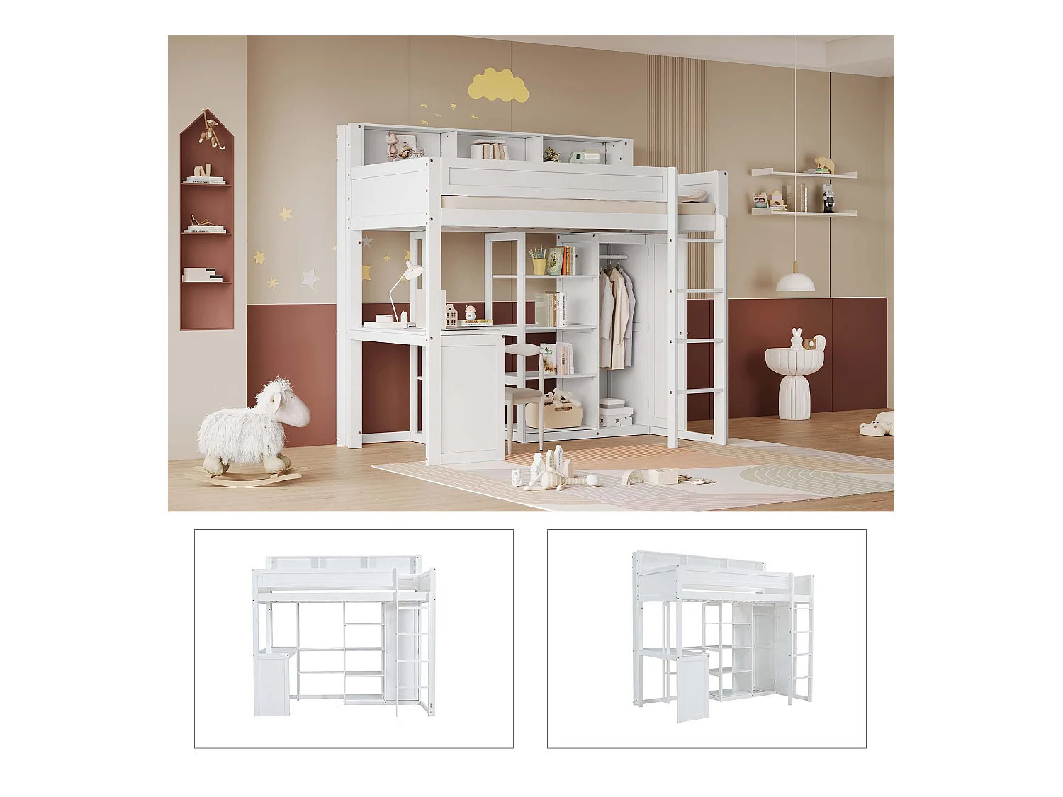 Lit superposé avec table et armoire, avec barrières de sécurité et étagères, pin et MDF, blanc (204x116x191 cm)