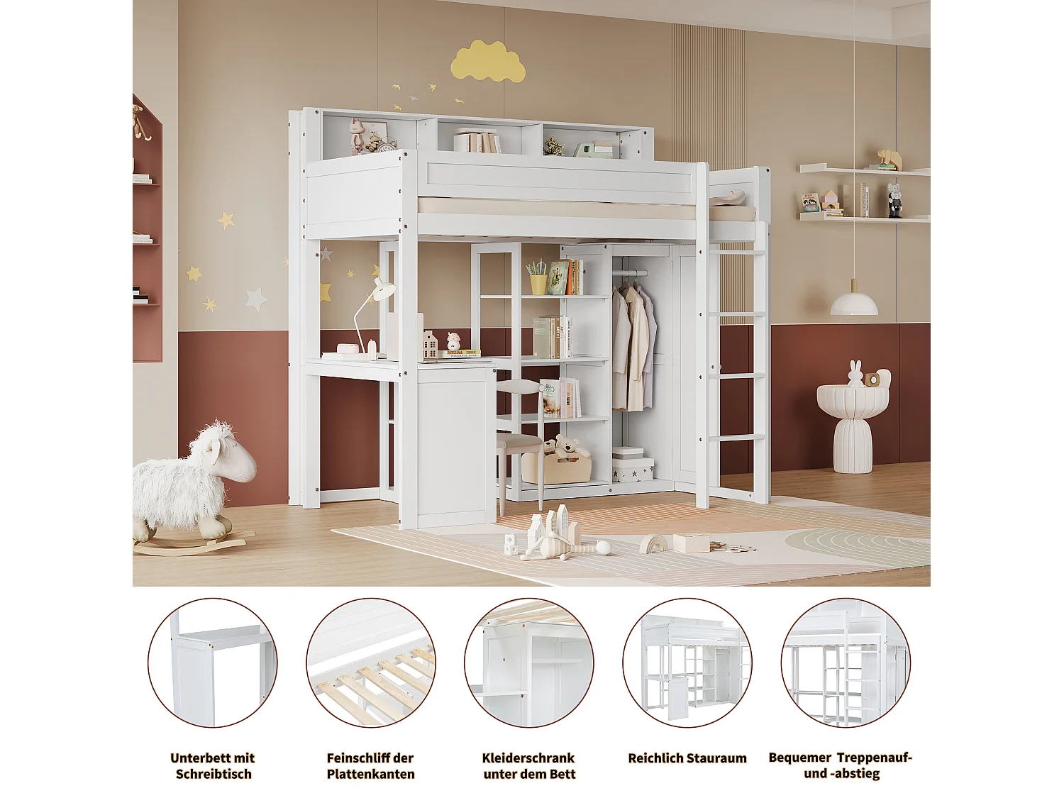 Lit superposé avec table et armoire, avec barrières de sécurité et étagères, pin et MDF, blanc (204x116x191 cm)