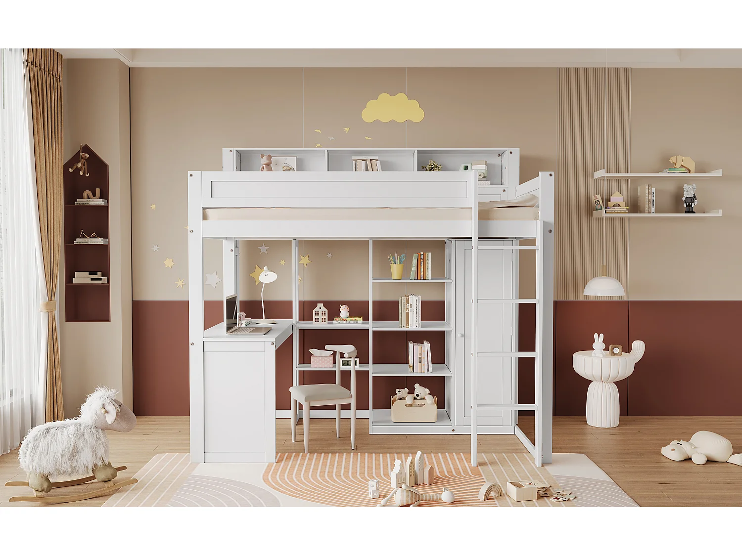 Lit superposé avec table et armoire, avec barrières de sécurité et étagères, pin et MDF, blanc (204x116x191 cm)