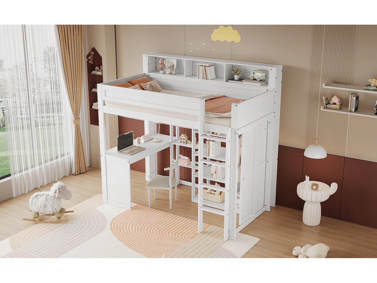 Lit superposé avec table et armoire, avec barrières de sécurité et étagères, pin et MDF, blanc (204x116x191 cm)