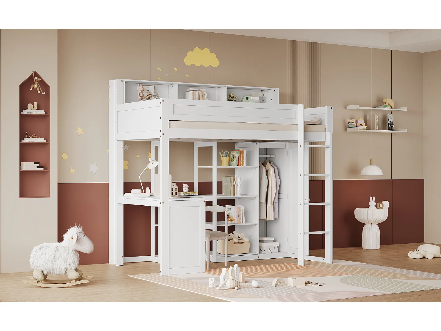 Lit superposé avec table et armoire, avec barrières de sécurité et étagères, pin et MDF, blanc (204x116x191 cm)