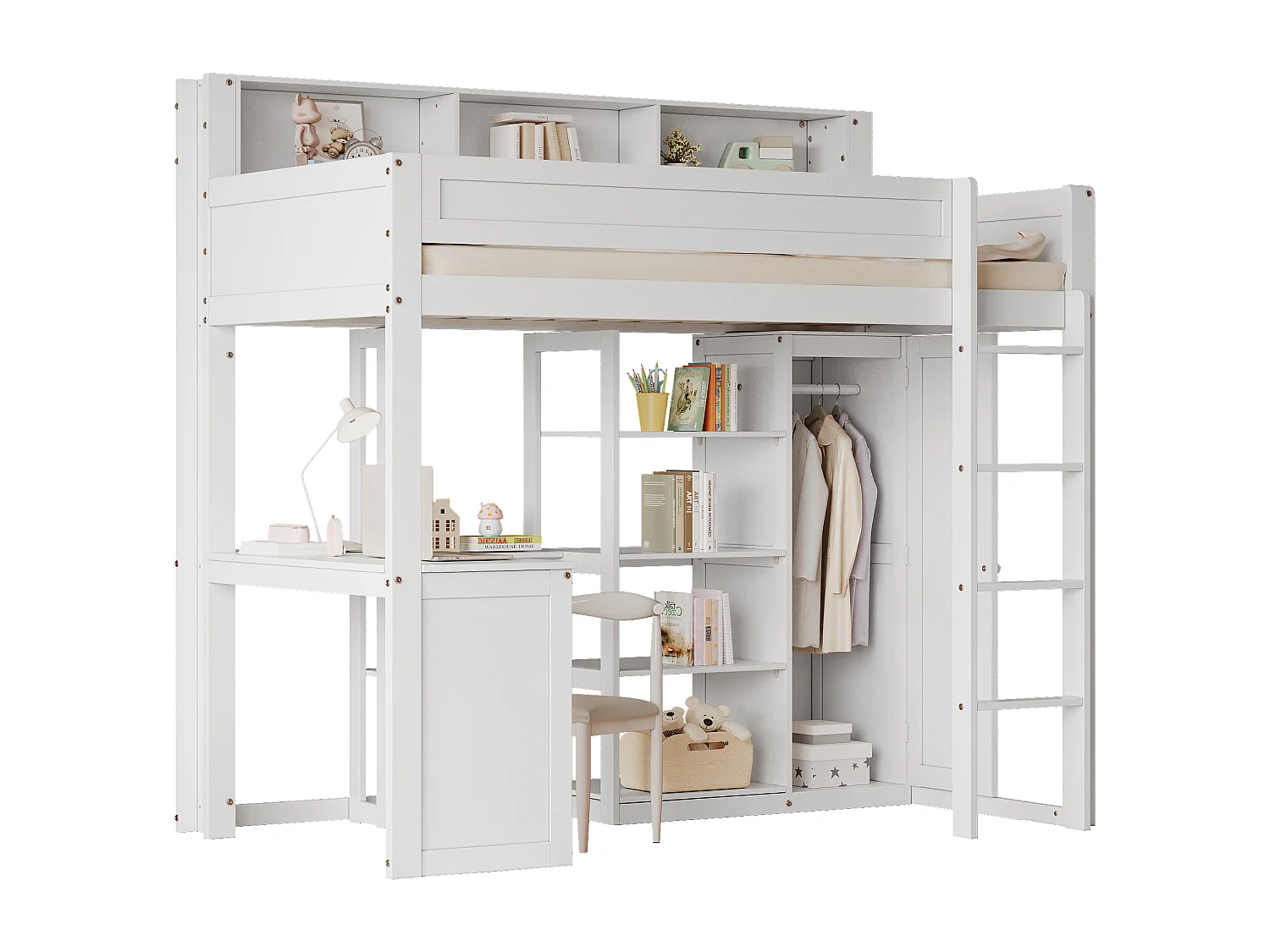 Lit superposé avec table et armoire, avec barrières de sécurité et étagères, pin et MDF, blanc (204x116x191 cm)