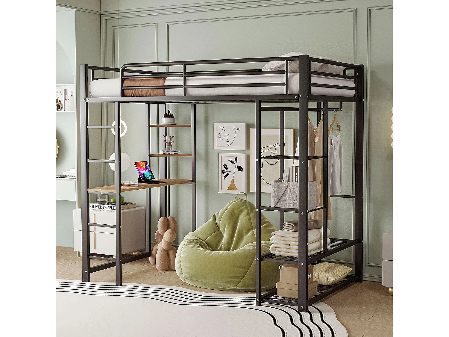 Lit superposé avec échelle 90x200 cm, avec bureau suspendu, compartiments de rangement, métal, noir (204x95x180 cm)