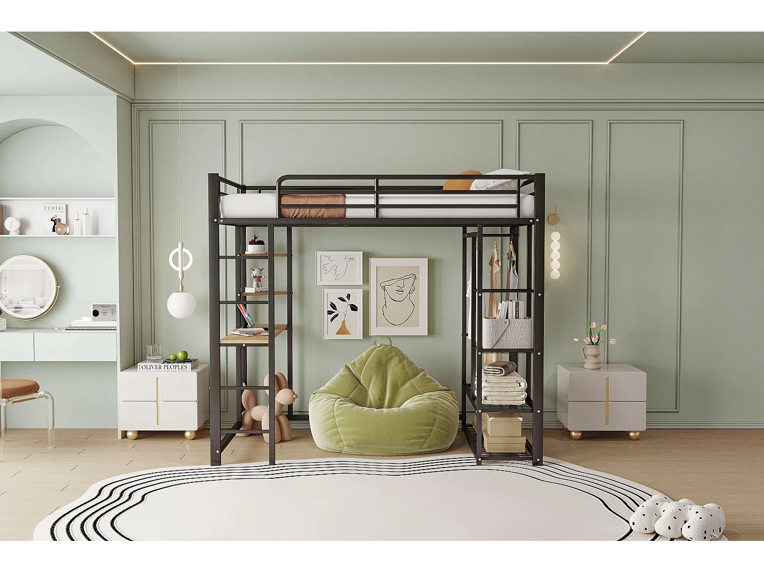 Lit superposé avec échelle 90x200 cm, avec bureau suspendu, compartiments de rangement, métal, noir (204x95x180 cm)