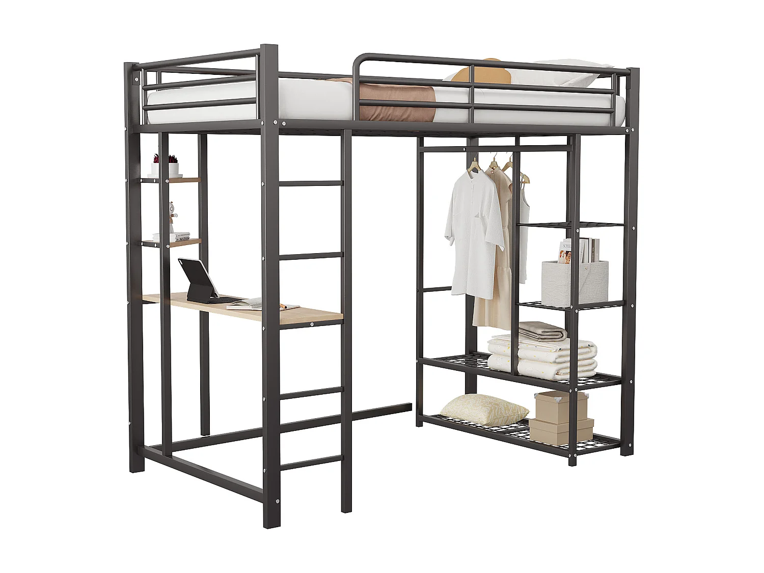 Lit superposé avec échelle 90x200 cm, avec bureau suspendu, compartiments de rangement, métal, noir (204x95x180 cm)