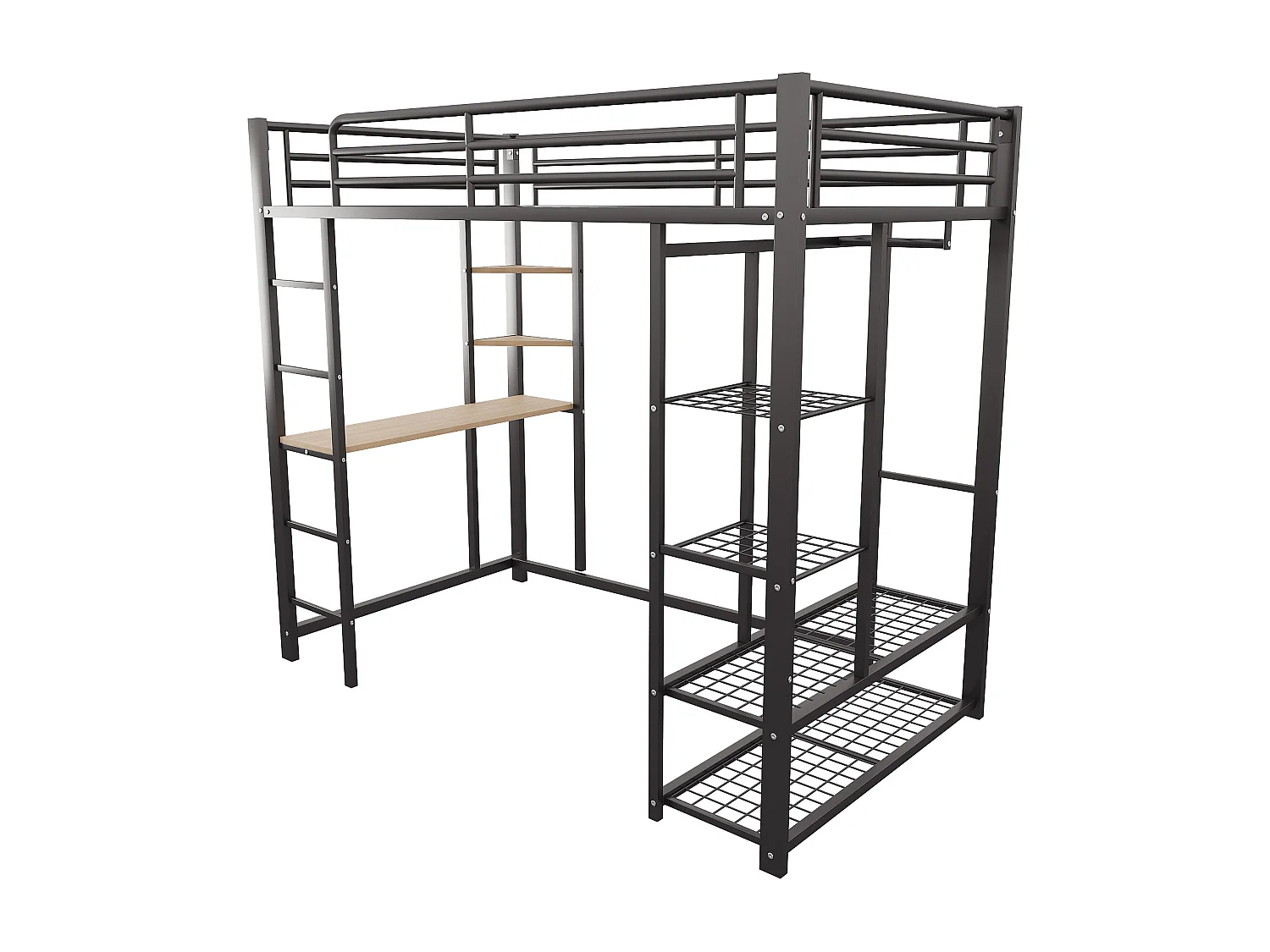 Lit superposé avec échelle 90x200 cm, avec bureau suspendu, compartiments de rangement, métal, noir (204x95x180 cm)