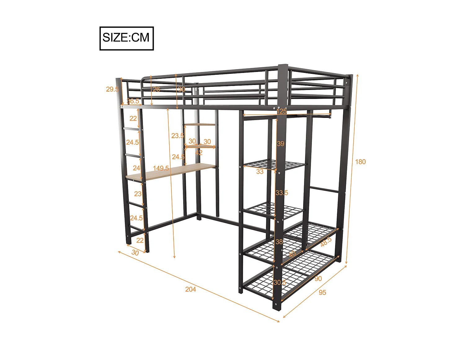 Lit superposé avec échelle 90x200 cm, avec bureau suspendu, compartiments de rangement, métal, noir (204x95x180 cm)