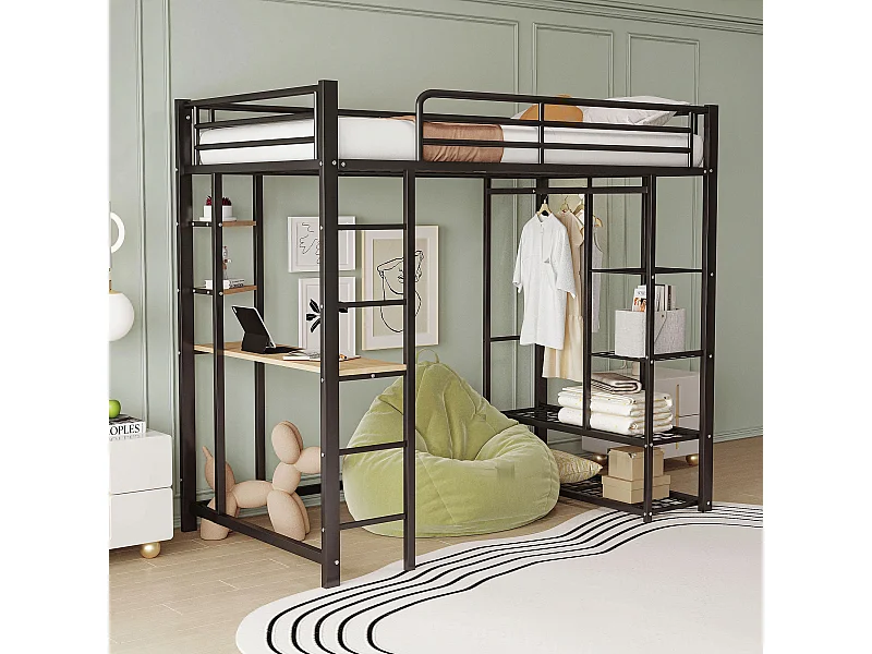 Lit superposé avec échelle 90x200 cm, avec bureau suspendu, compartiments de rangement, métal, noir (204x95x180 cm)