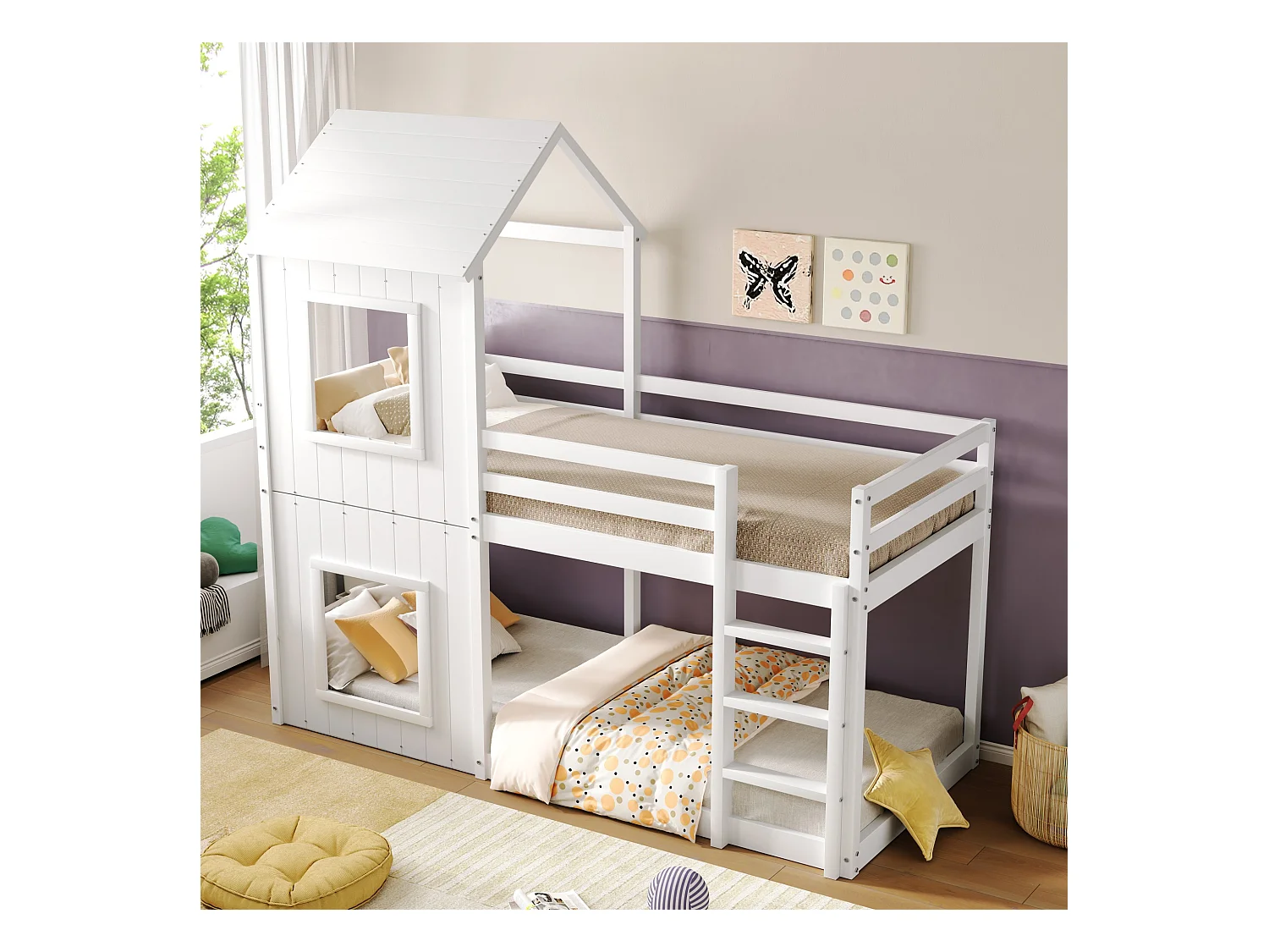 Lit superposé 90x200 cm, maison pour enfants, avec échelle et canopy, en bois massif, blanc (204x98.5x110 cm)