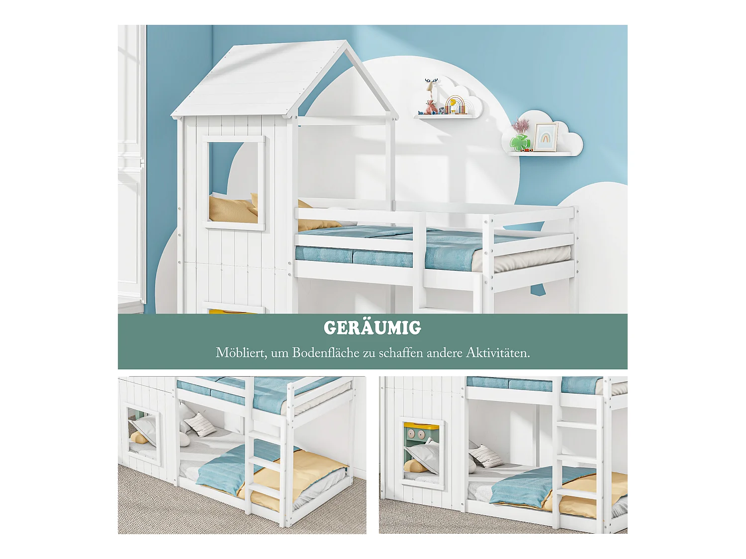 Lit superposé 90x200 cm, maison pour enfants, avec échelle et canopy, en bois massif, blanc (204x98.5x110 cm)