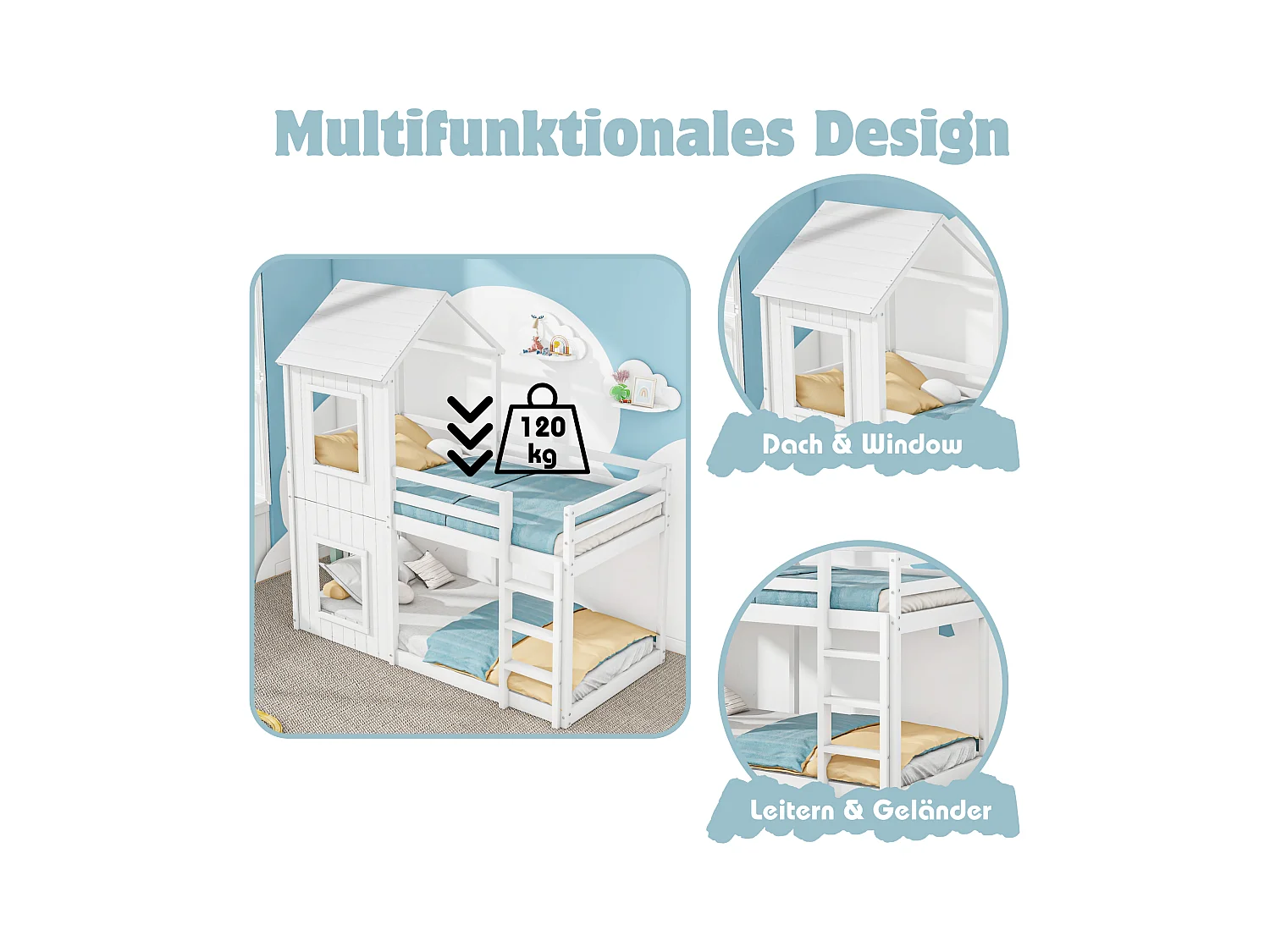 Lit superposé 90x200 cm, maison pour enfants, avec échelle et canopy, en bois massif, blanc (204x98.5x110 cm)