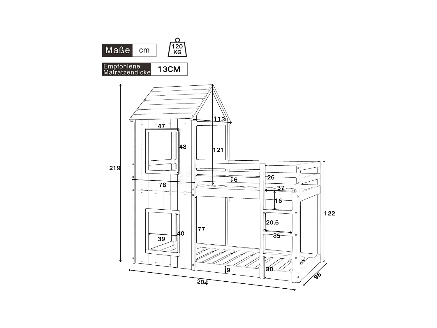 Lit superposé 90x200 cm, maison pour enfants, avec échelle et canopy, en bois massif, blanc (204x98.5x110 cm)