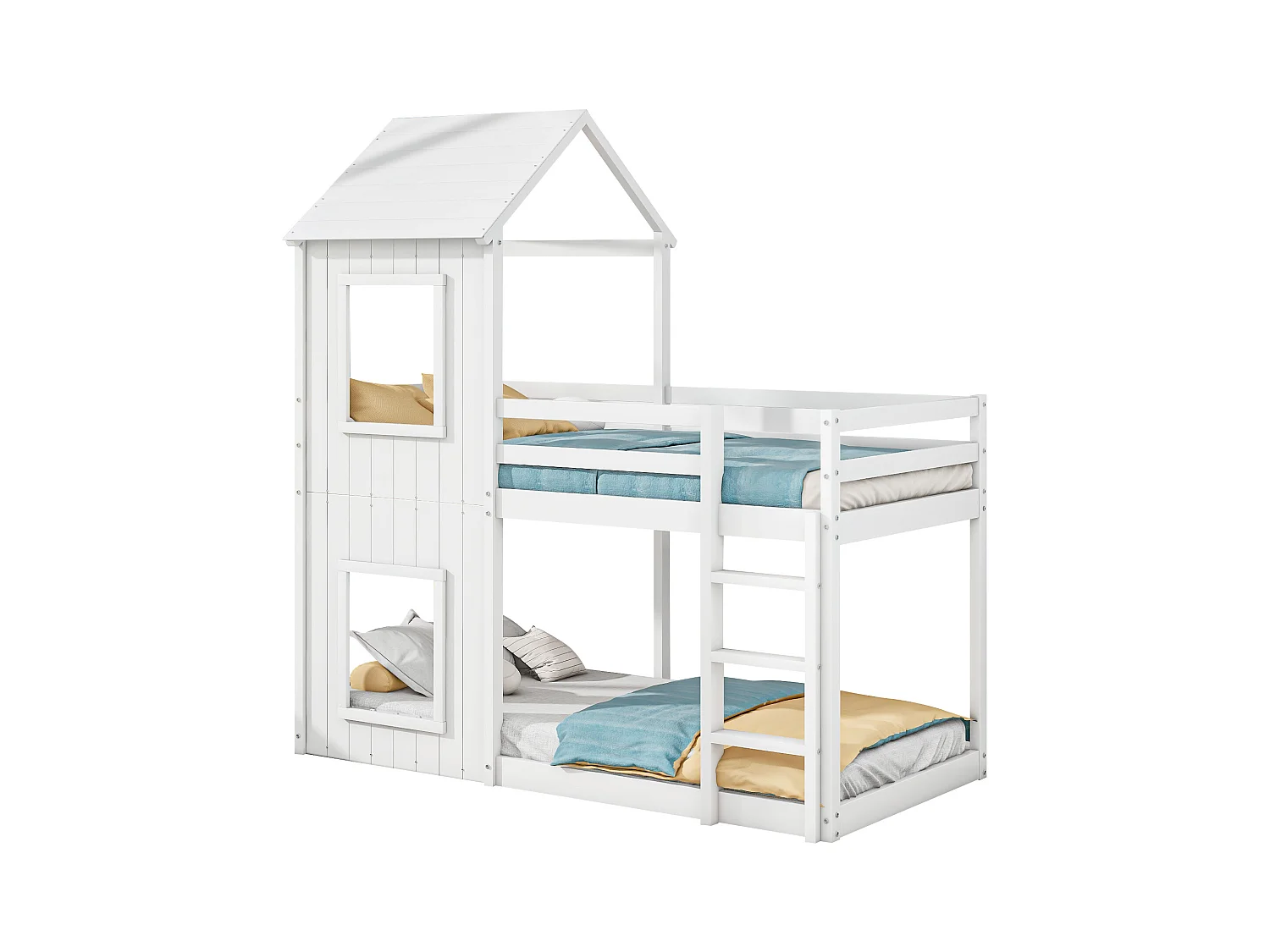 Lit superposé 90x200 cm, maison pour enfants, avec échelle et canopy, en bois massif, blanc (204x98.5x110 cm)