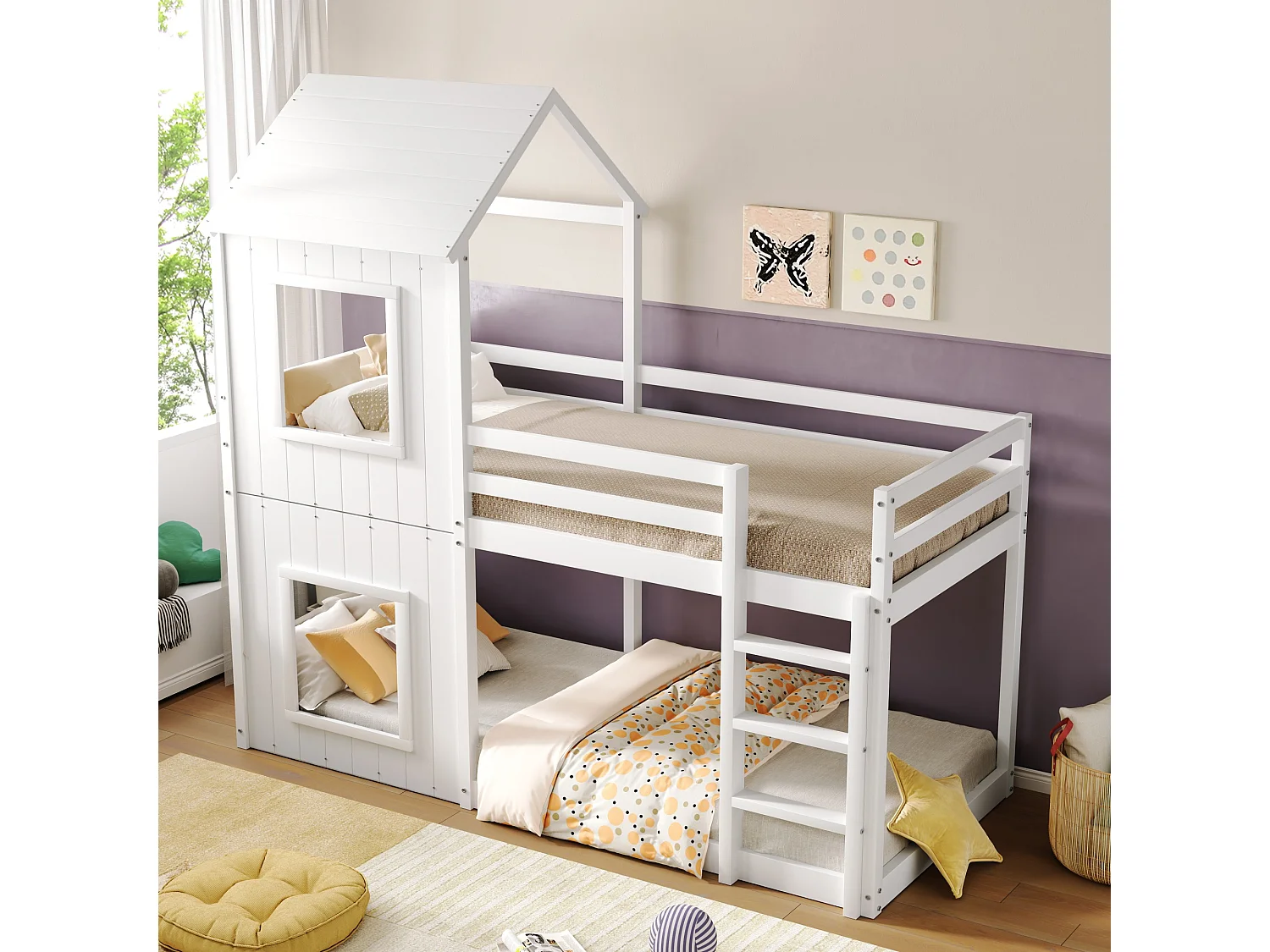 Lit superposé 90x200 cm, maison pour enfants, avec échelle et canopy, en bois massif, blanc (204x98.5x110 cm)