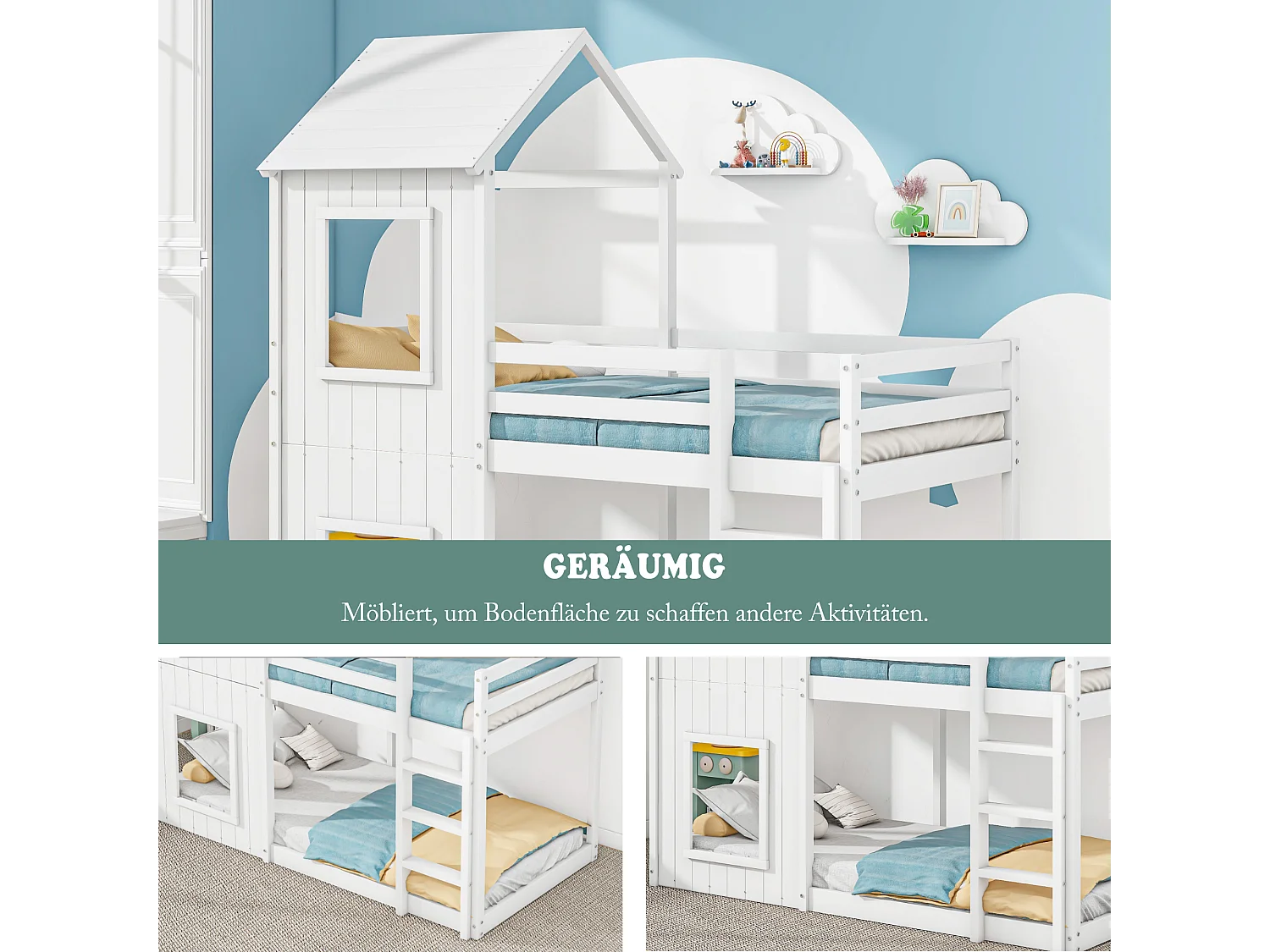 Letto a castello 90x200 cm, casetta per bambini, con scaletta e baldacchino, legno massello, bianco (204x98,5x110 cm)