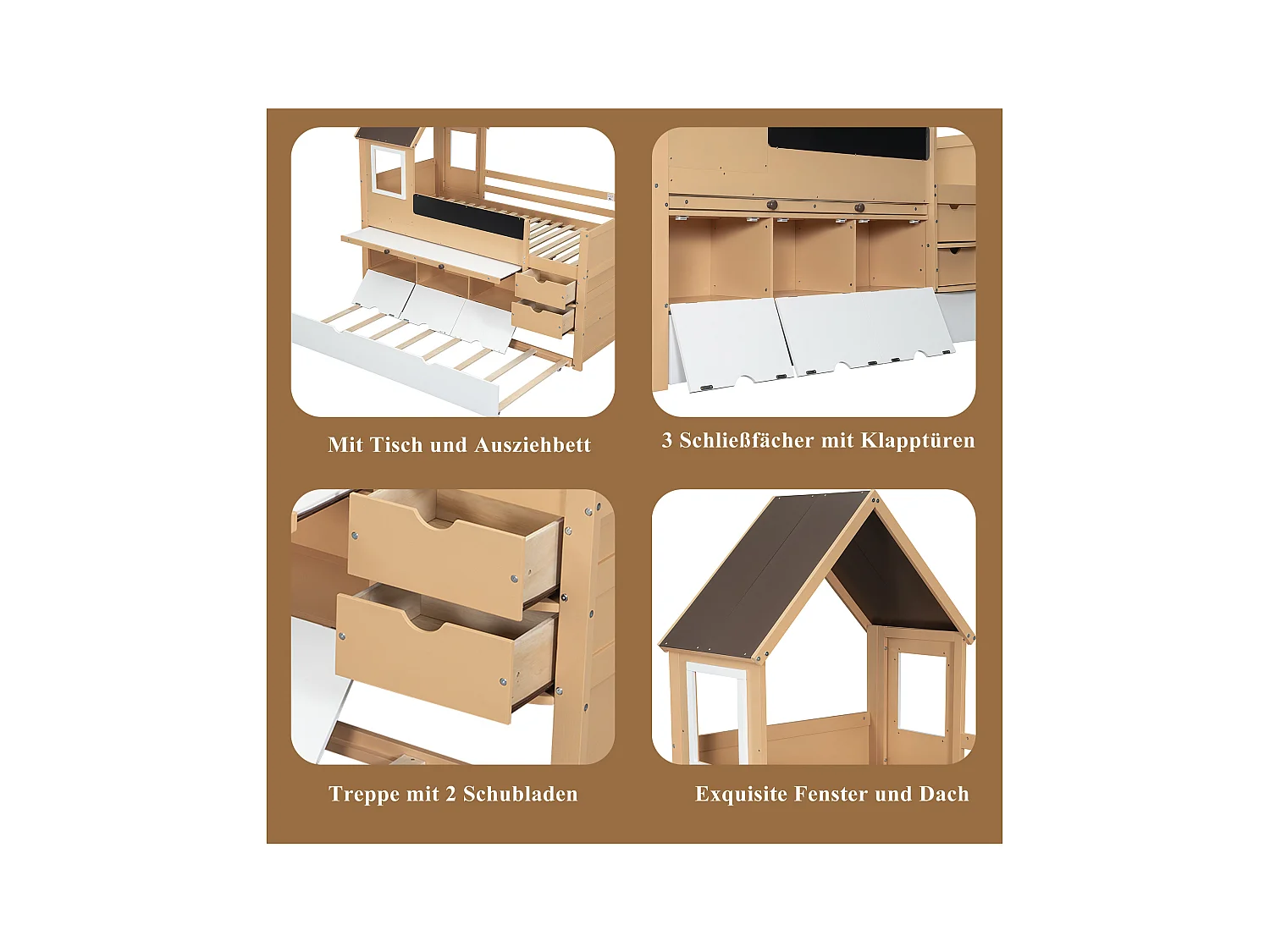 Lit superposé maison avec toboggan, fenêtres, étagères, tiroirs, cadre en bois massif, blanc et naturel (254x222x222 cm)