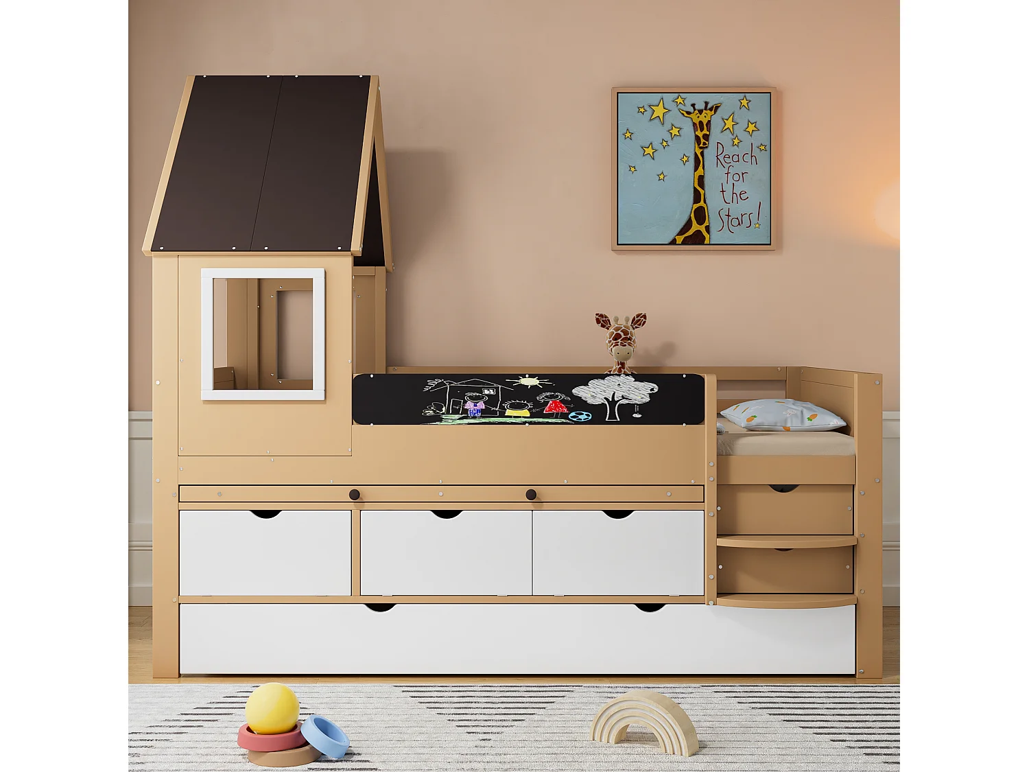 Lit superposé maison avec toboggan, fenêtres, étagères, tiroirs, cadre en bois massif, blanc et naturel (254x222x222 cm)