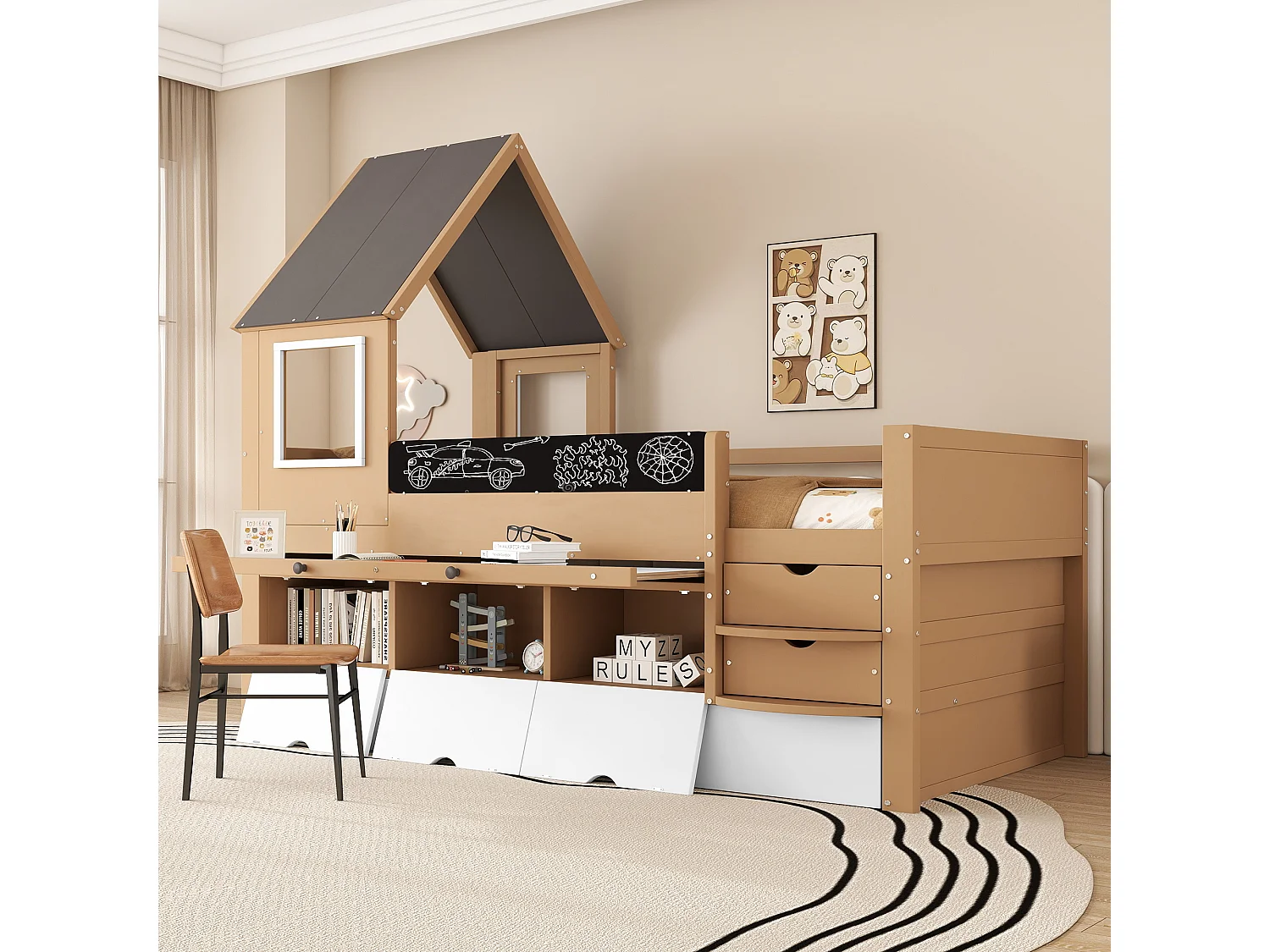 Lit superposé maison avec toboggan, fenêtres, étagères, tiroirs, cadre en bois massif, blanc et naturel (254x222x222 cm)