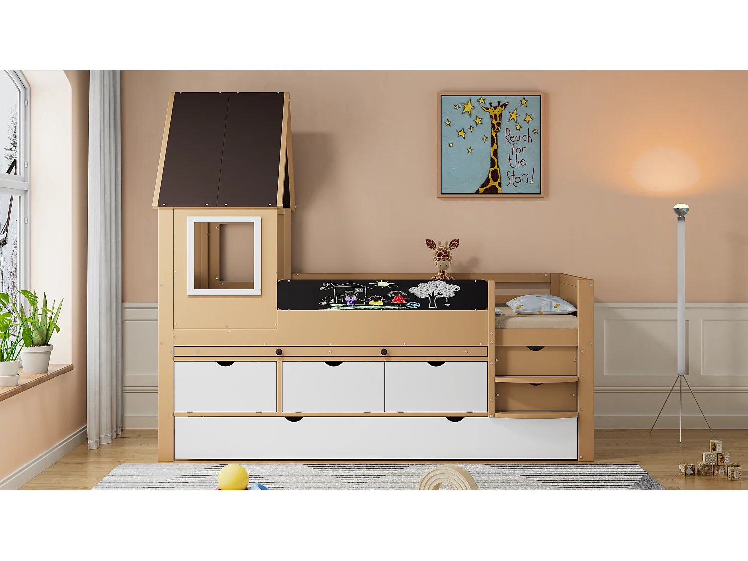 Lit superposé maison avec toboggan, fenêtres, étagères, tiroirs, cadre en bois massif, blanc et naturel (254x222x222 cm)