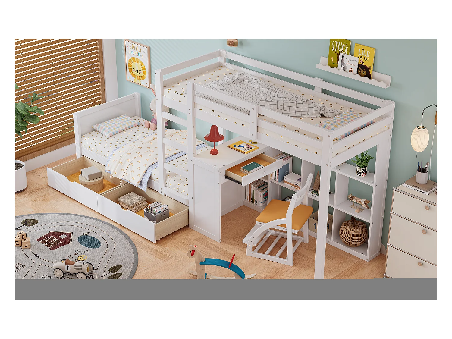 Canapé-lit 90x200/140x200 cm, lit superposé bois massif, toboggan, étagère sécurisée, tiroir rangement, gris (297x160x160 cm)