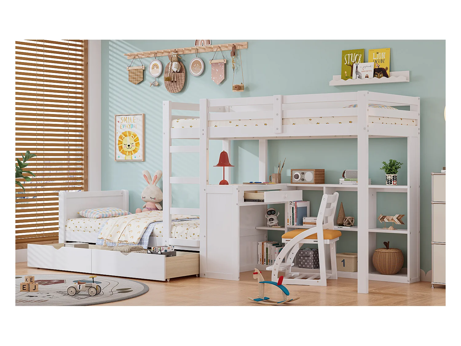 Canapé-lit 90x200/140x200 cm, lit superposé bois massif, toboggan, étagère sécurisée, tiroir rangement, gris (297x160x160 cm)