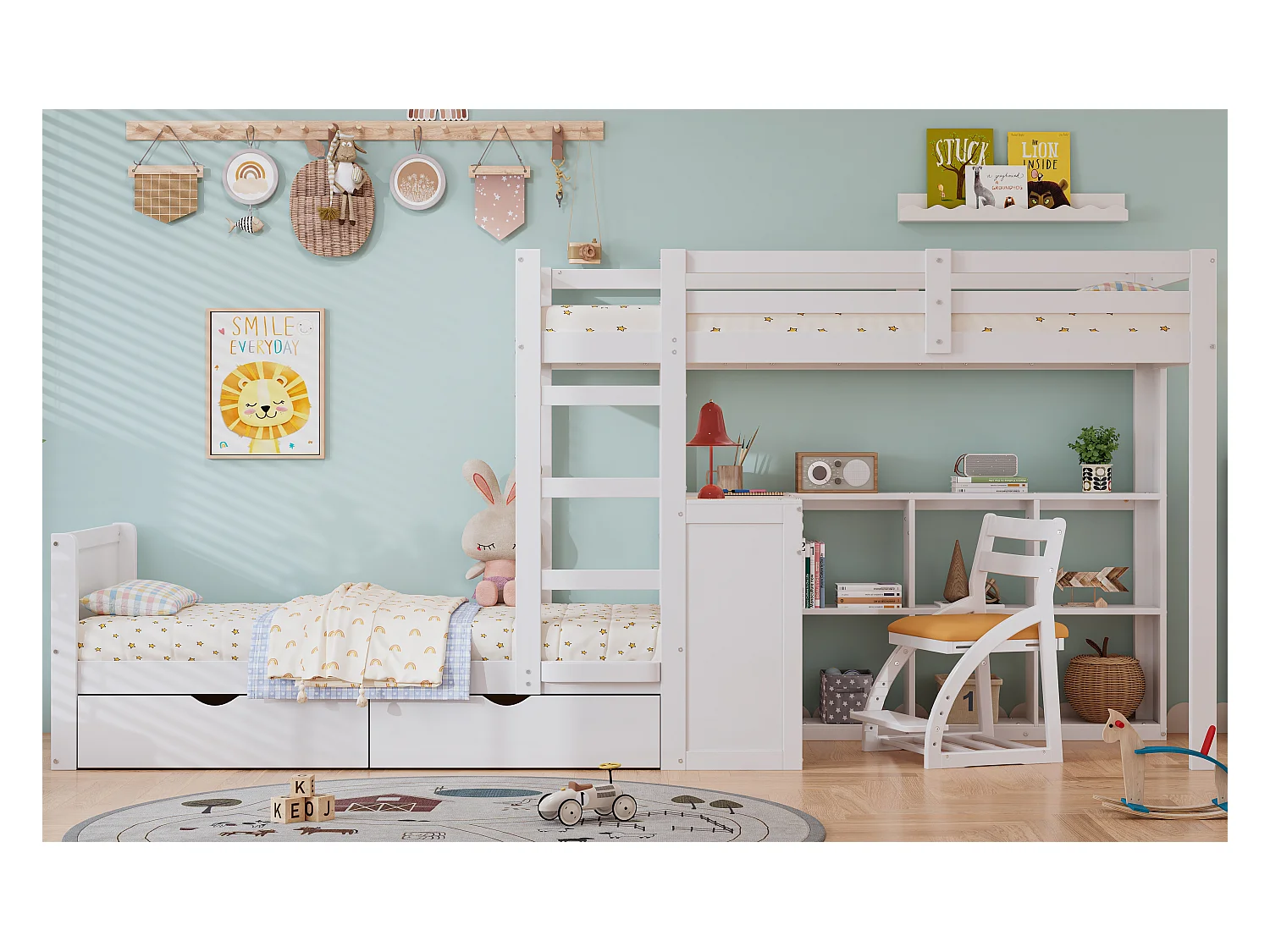 Canapé-lit 90x200/140x200 cm, lit superposé bois massif, toboggan, étagère sécurisée, tiroir rangement, gris (297x160x160 cm)