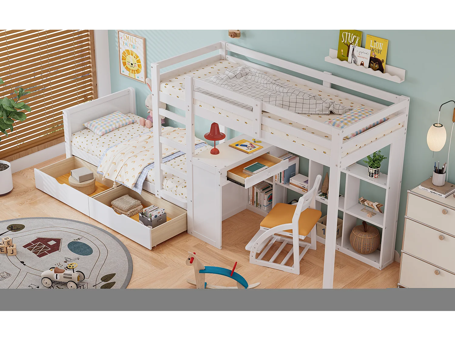 Canapé-lit 90x200/140x200 cm, lit superposé bois massif, toboggan, étagère sécurisée, tiroir rangement, gris (297x160x160 cm)