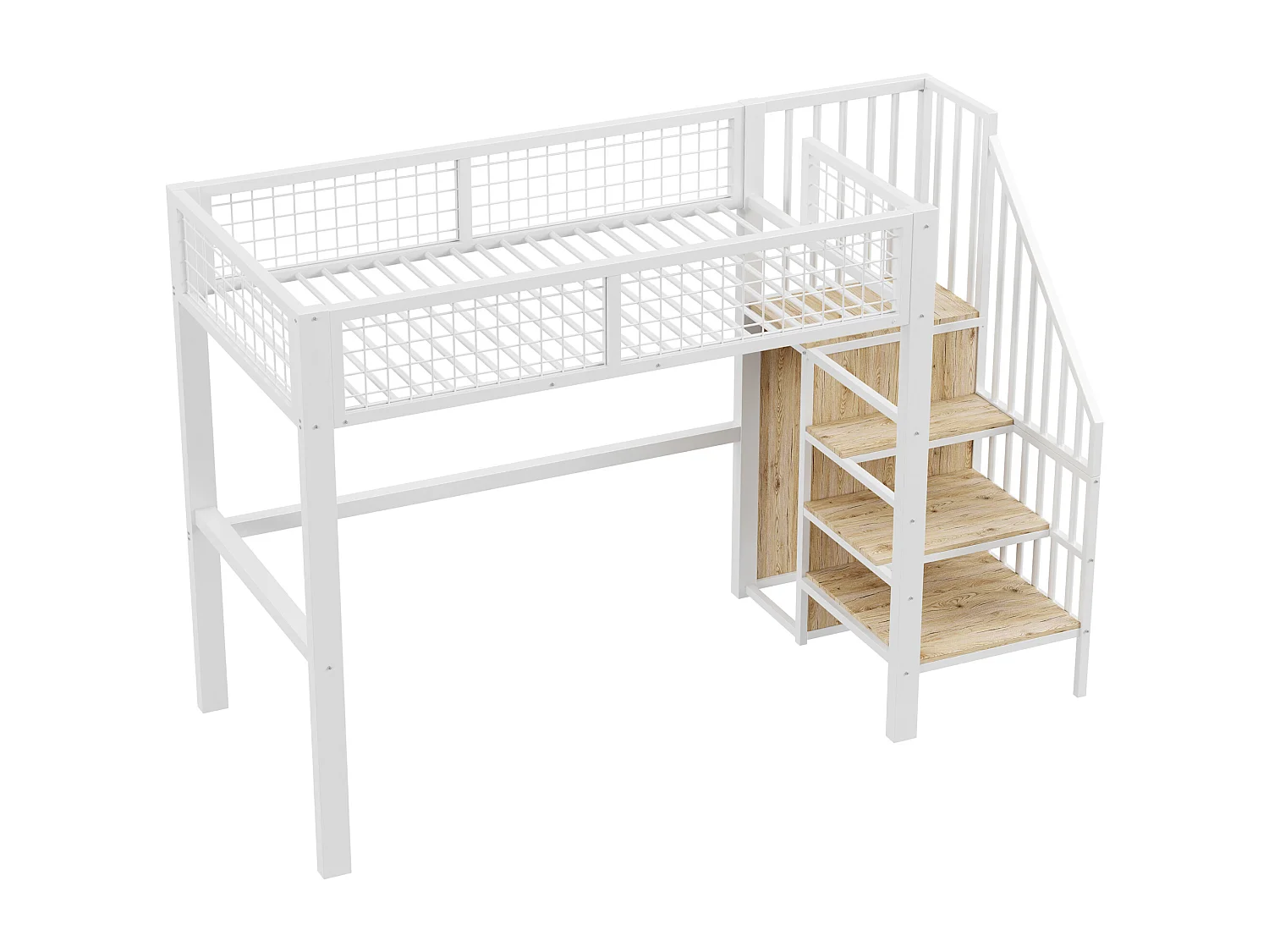 Letto a castello 90x200 con scaletta, struttura in metallo e vano contenitore, armadio, bianco (255x95x176 cm)