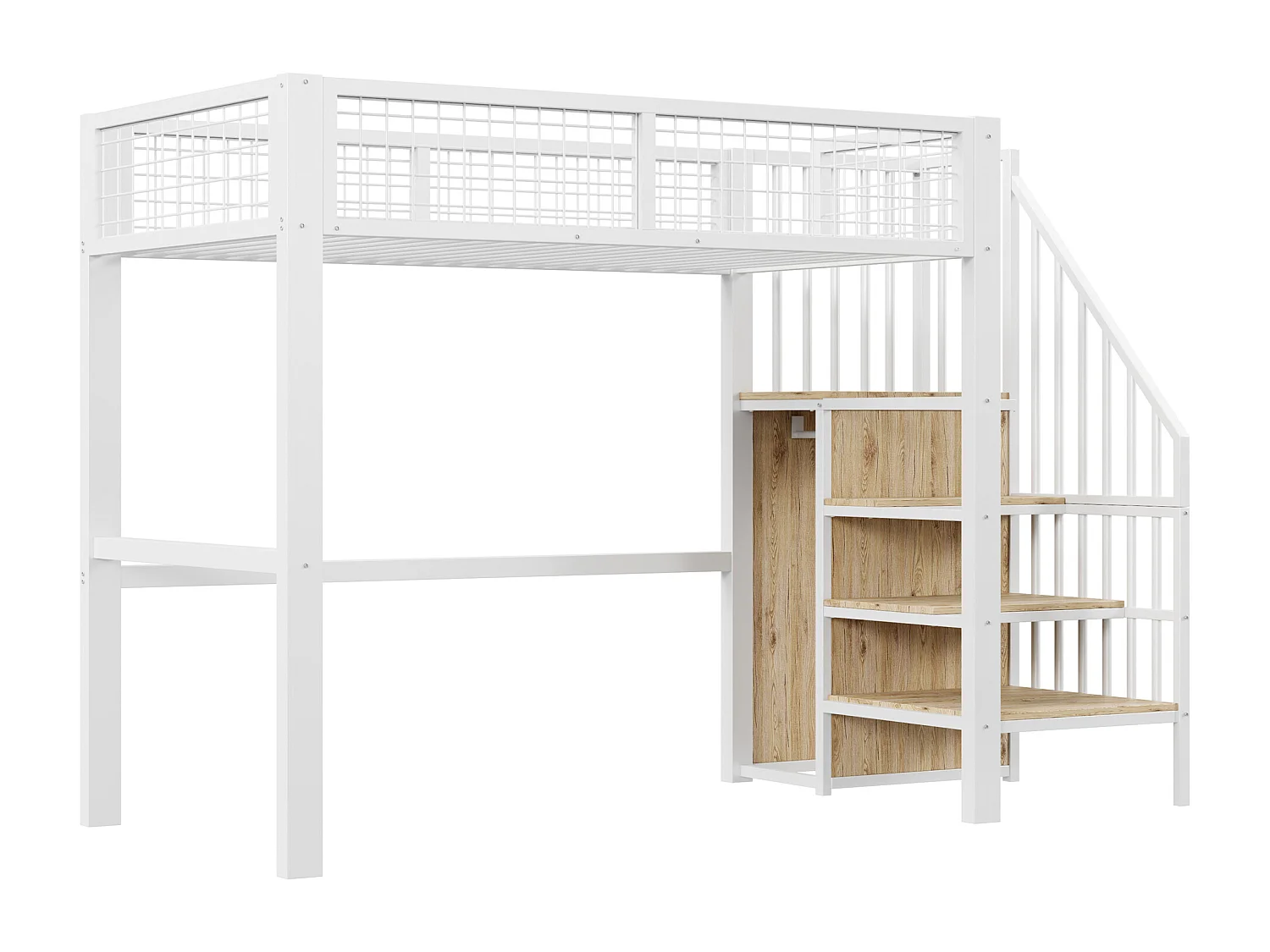 Letto a castello 90x200 con scaletta, struttura in metallo e vano contenitore, armadio, bianco (255x95x176 cm)