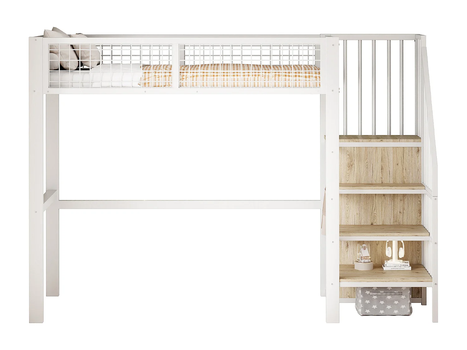 Letto a castello 90x200 con scaletta, struttura in metallo e vano contenitore, armadio, bianco (255x95x176 cm)