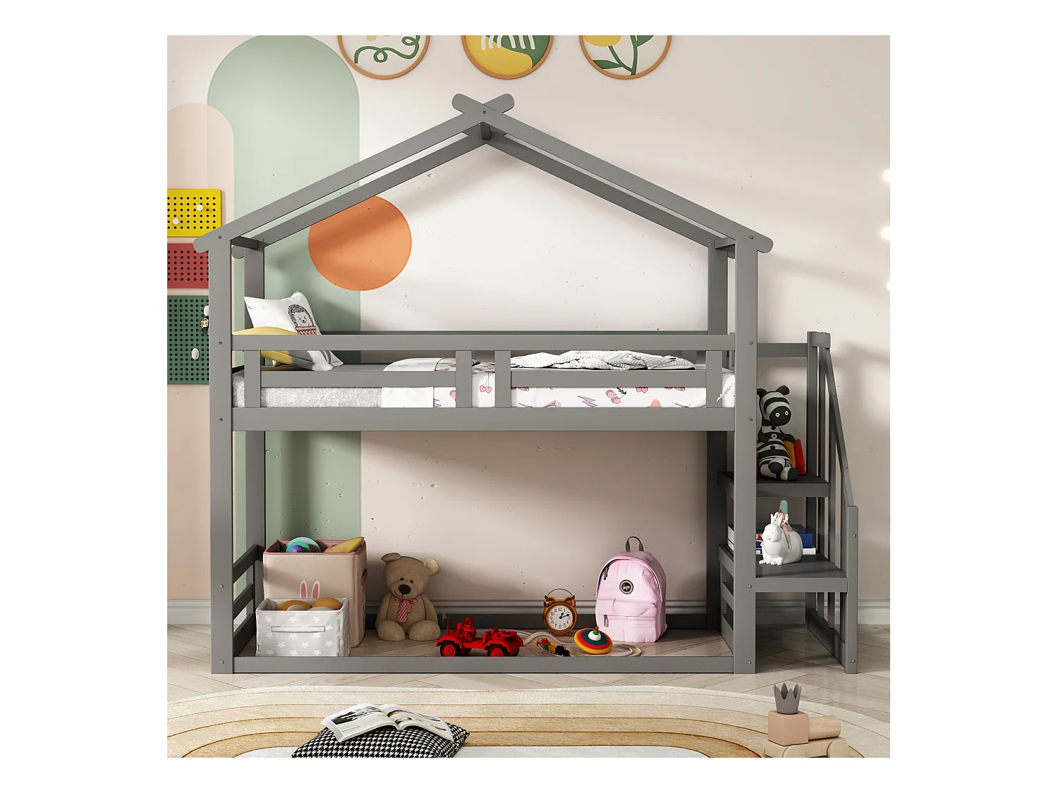 Laag stapelbed voor kinderen met veiligheidstrap, massief hout, grijs (205x95,5x221,5 cm)