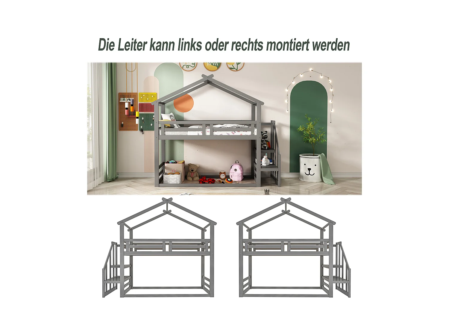 Laag stapelbed voor kinderen met veiligheidstrap, massief hout, grijs (205x95,5x221,5 cm)