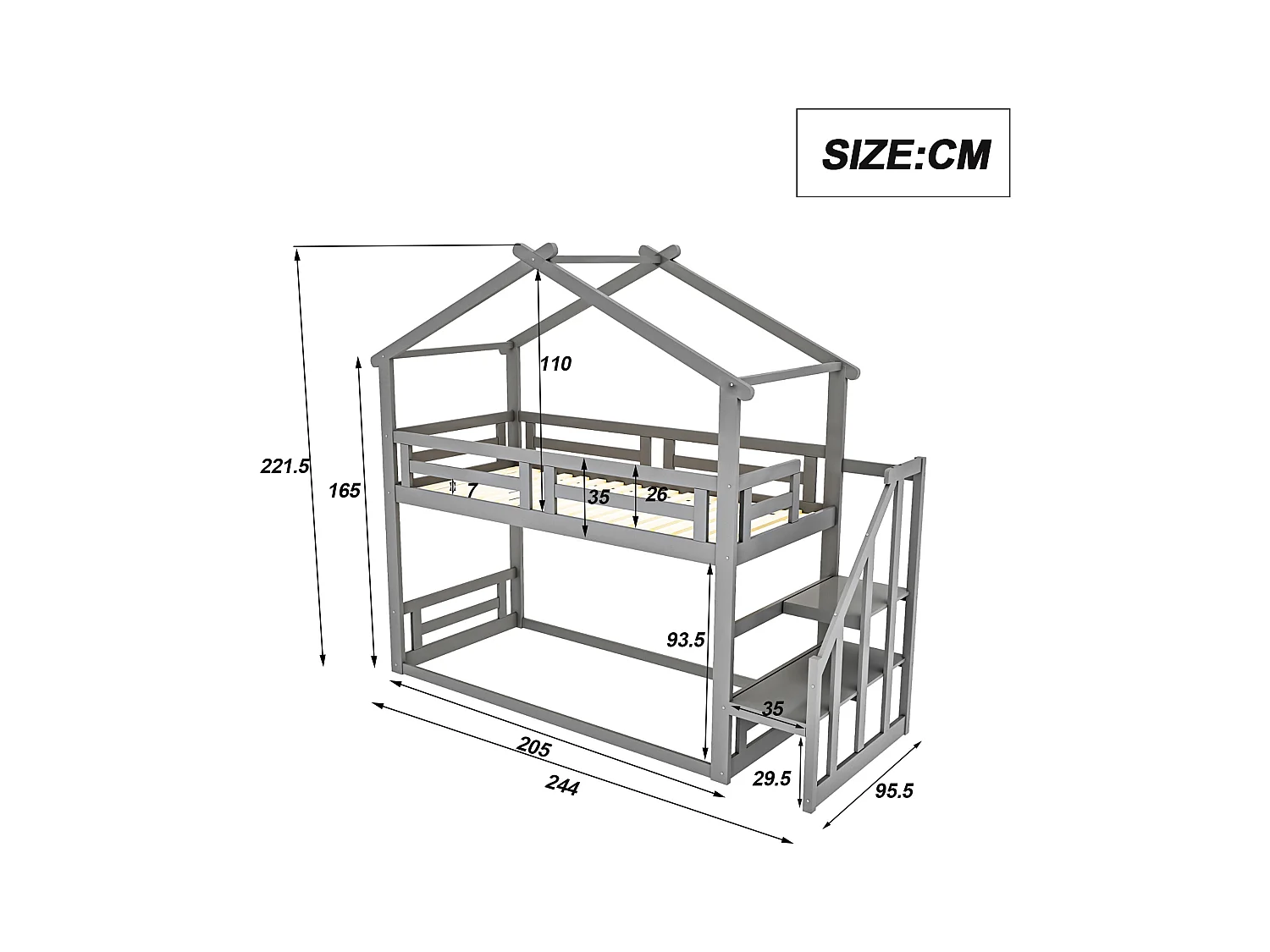 Laag stapelbed voor kinderen met veiligheidstrap, massief hout, grijs (205x95,5x221,5 cm)