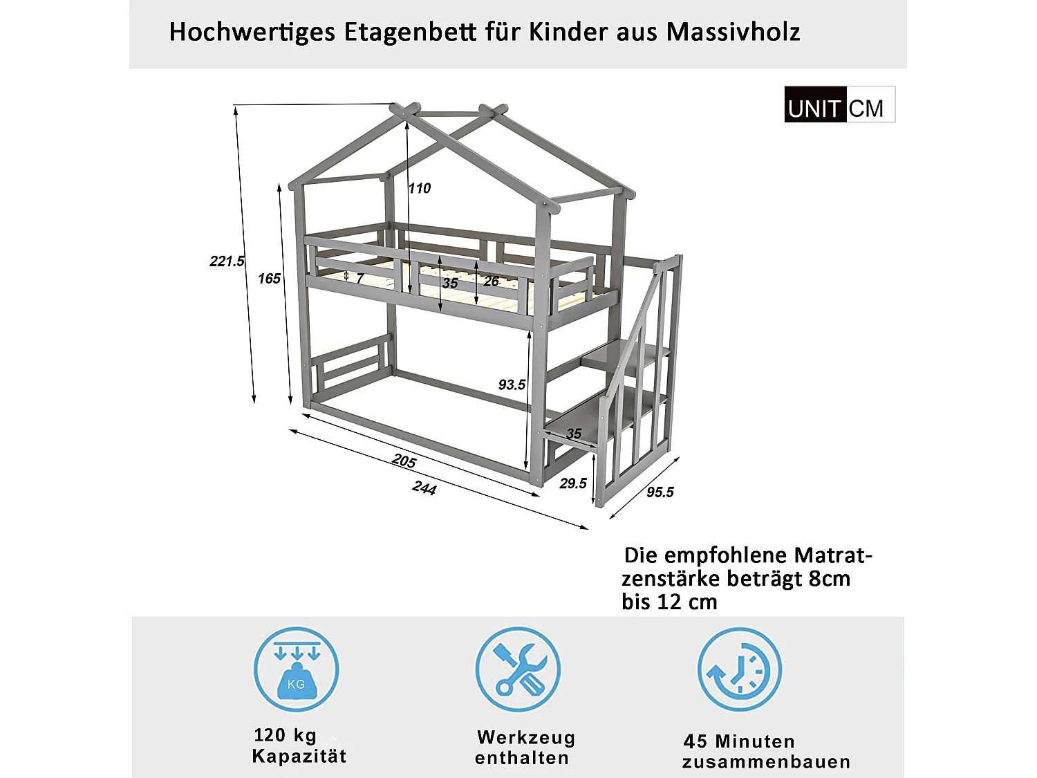 Laag stapelbed voor kinderen met veiligheidstrap, massief hout, grijs (205x95,5x221,5 cm)