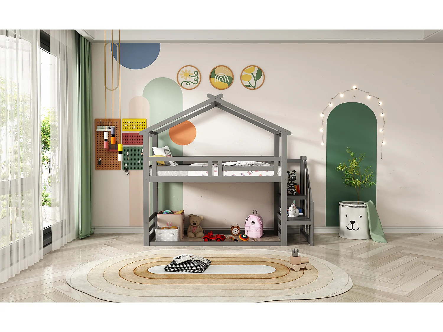 Laag stapelbed voor kinderen met veiligheidstrap, massief hout, grijs (205x95,5x221,5 cm)