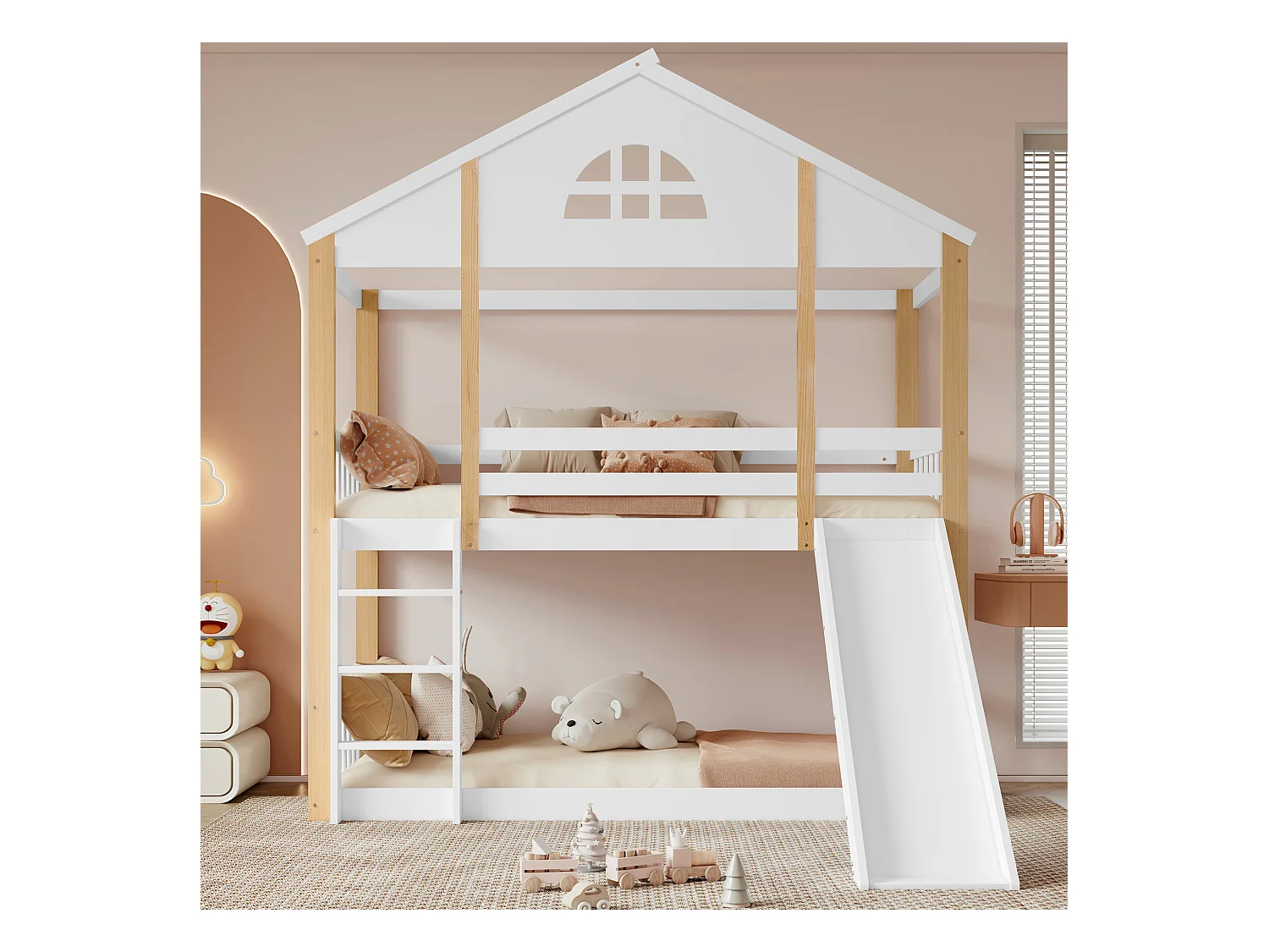 Lit superposé avec échelle, fenêtres et toits, garde-corps et cadre en bois massif, blanc et naturel (204x205.5x175.5 cm)