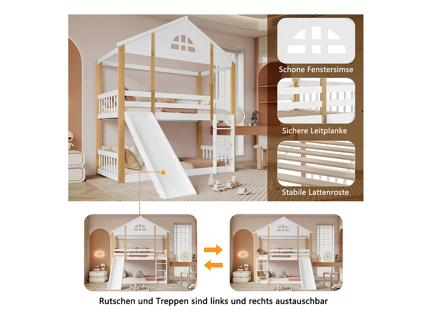 Lit superposé avec échelle, fenêtres et toits, garde-corps et cadre en bois massif, blanc et naturel (204x205.5x175.5 cm)
