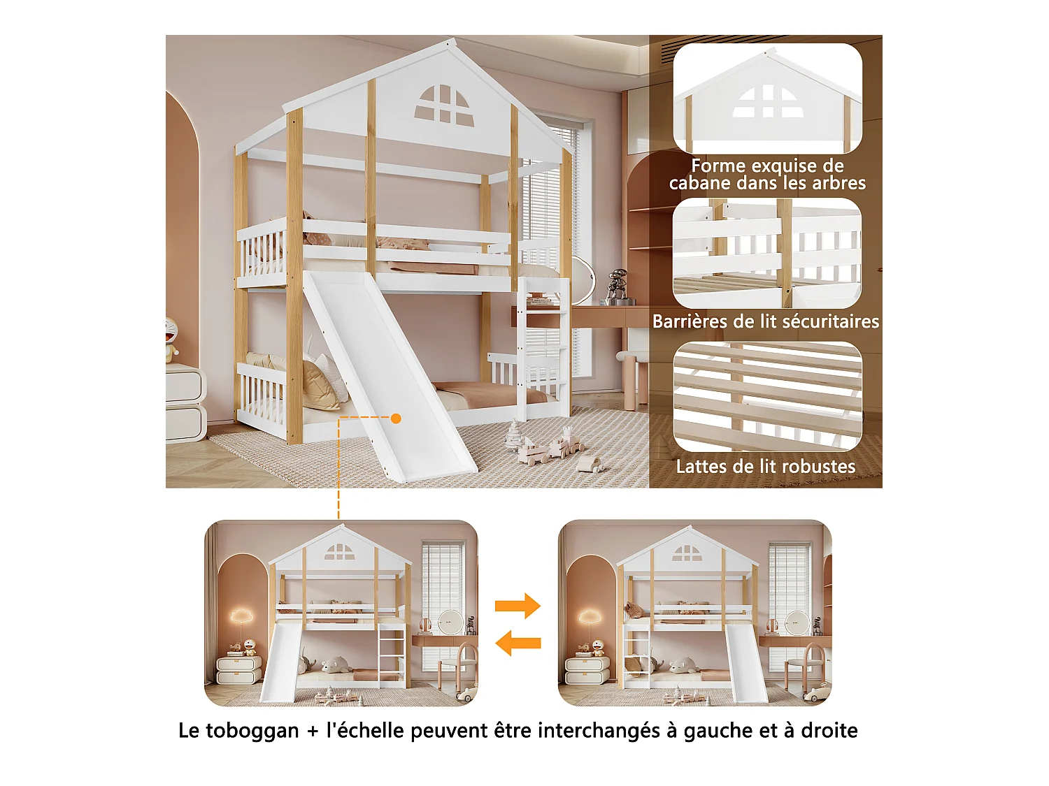 Lit superposé avec échelle, fenêtres et toits, garde-corps et cadre en bois massif, blanc et naturel (204x205.5x175.5 cm)