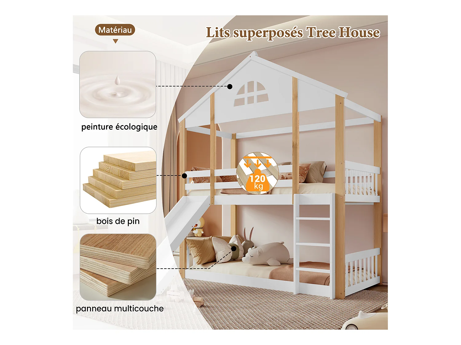 Lit superposé avec échelle, fenêtres et toits, garde-corps et cadre en bois massif, blanc et naturel (204x205.5x175.5 cm)